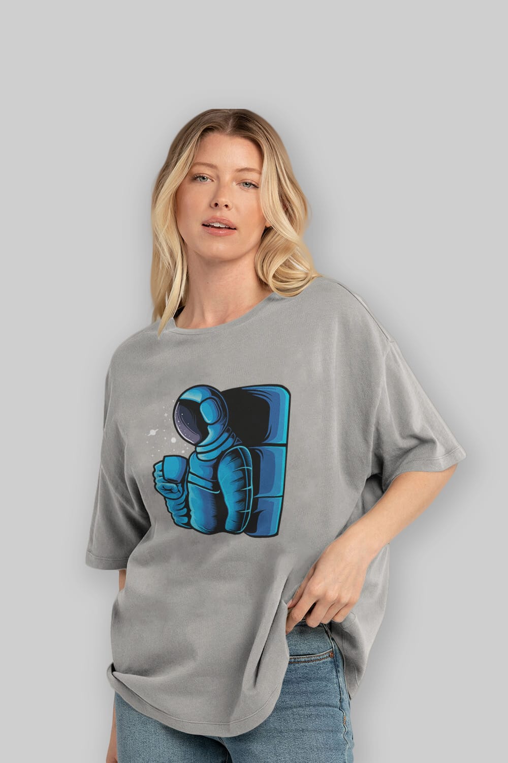 Drinking coffee in space Ön Baskılı Oversize t-shirt Erkek Kadın Unisex