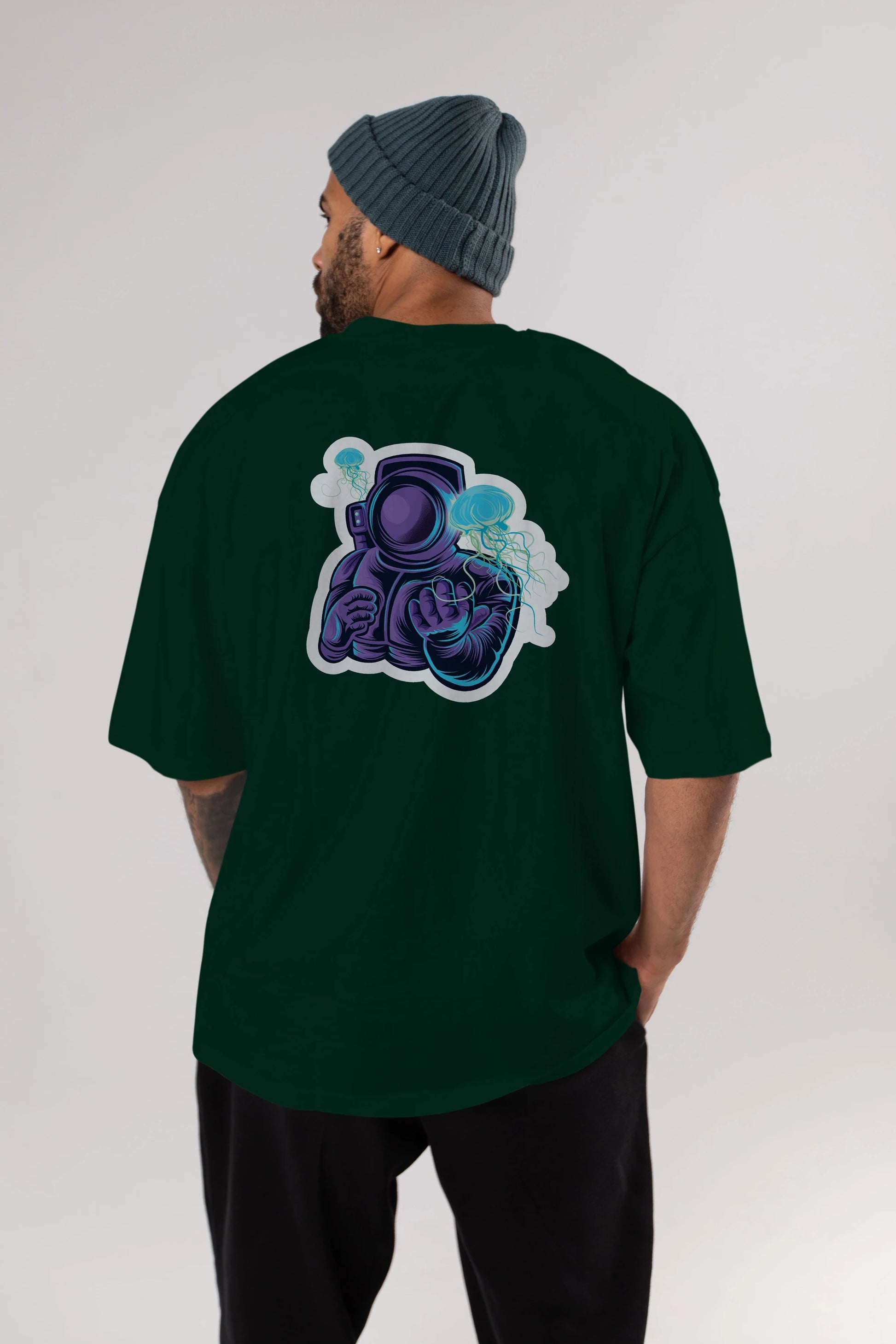 Astronaut and Jellyfish Sticker Arka Baskılı Oversize t-shirt Erkek Kadın Unisex
