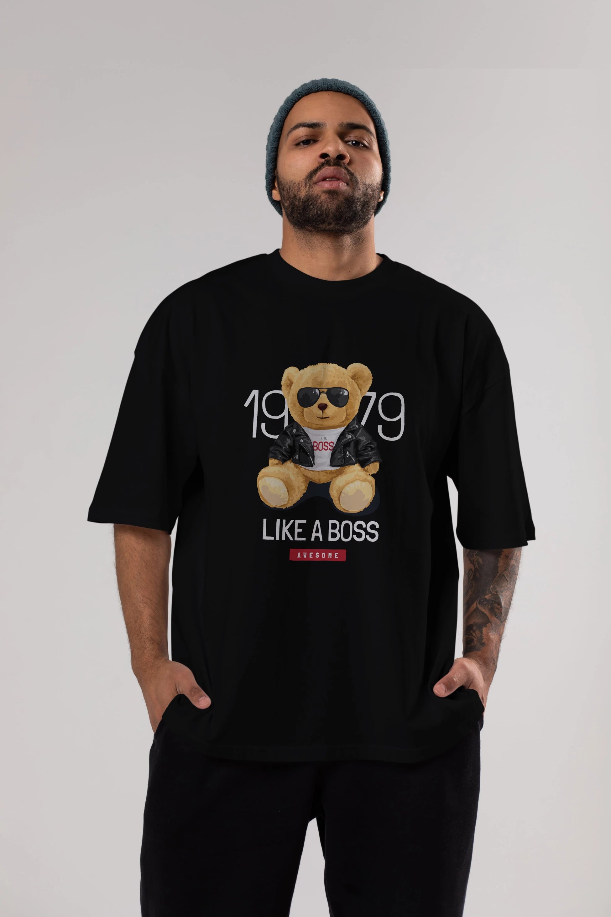 Teddy Bear Like A Boss Ön Baskılı Oversize t-shirt Erkek Kadın Unisex %100 Pamuk