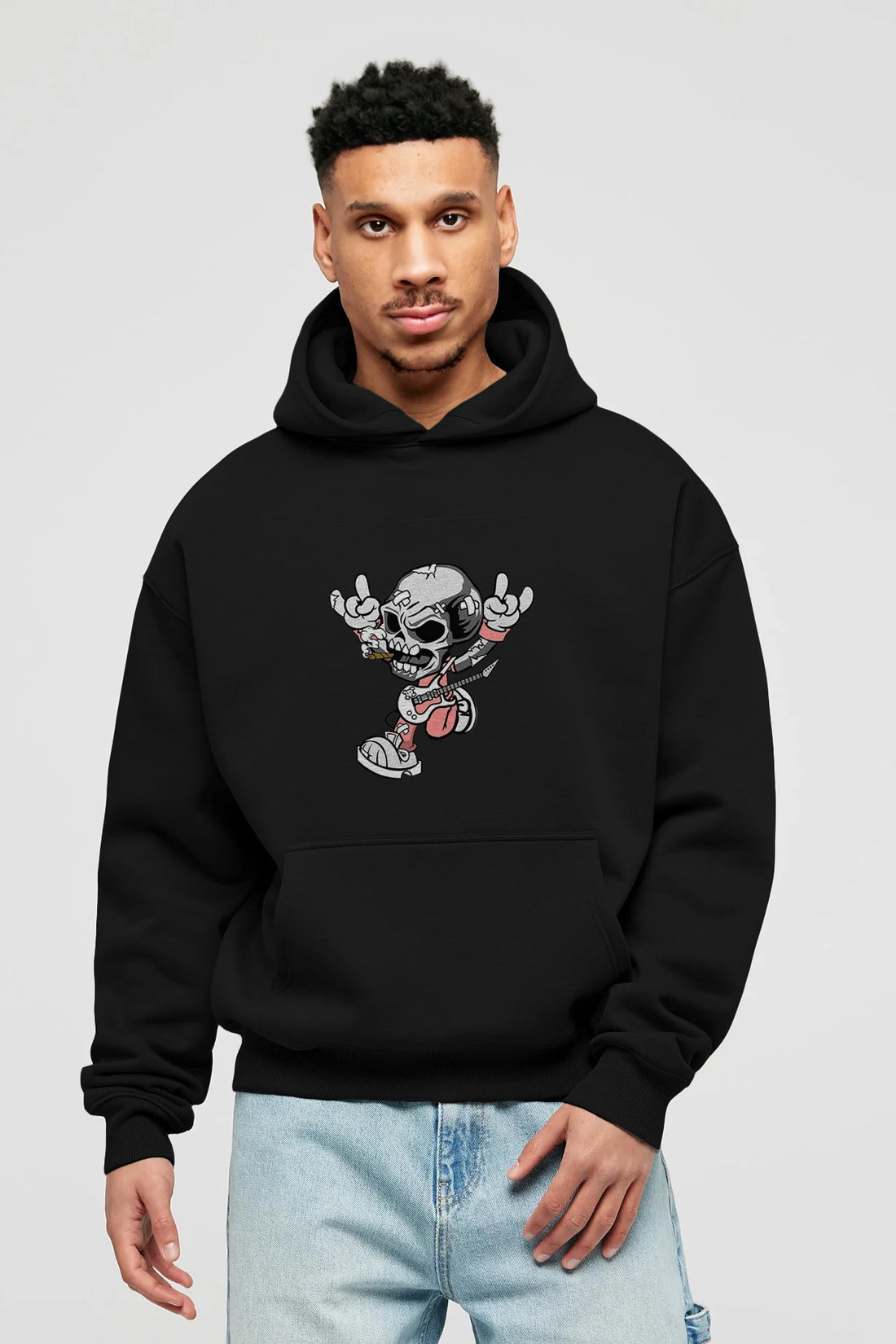 Skull Metal Sign Ön Baskılı Hoodie Oversize Kapüşonlu Sweatshirt Erkek Kadın Unisex