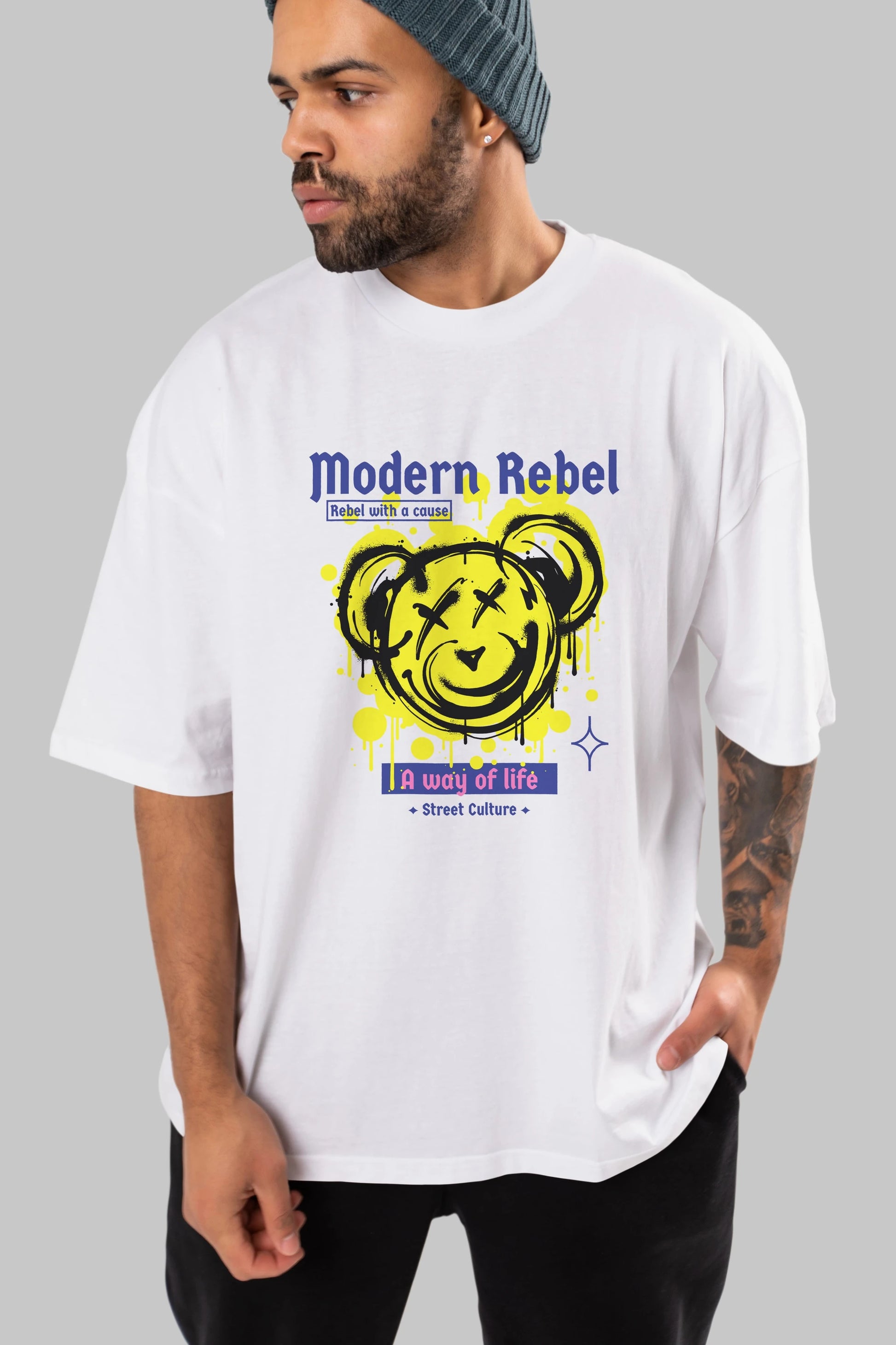 Modern Rebel Bear Ön Baskılı Oversize t-shirt Erkek Kadın Unisex