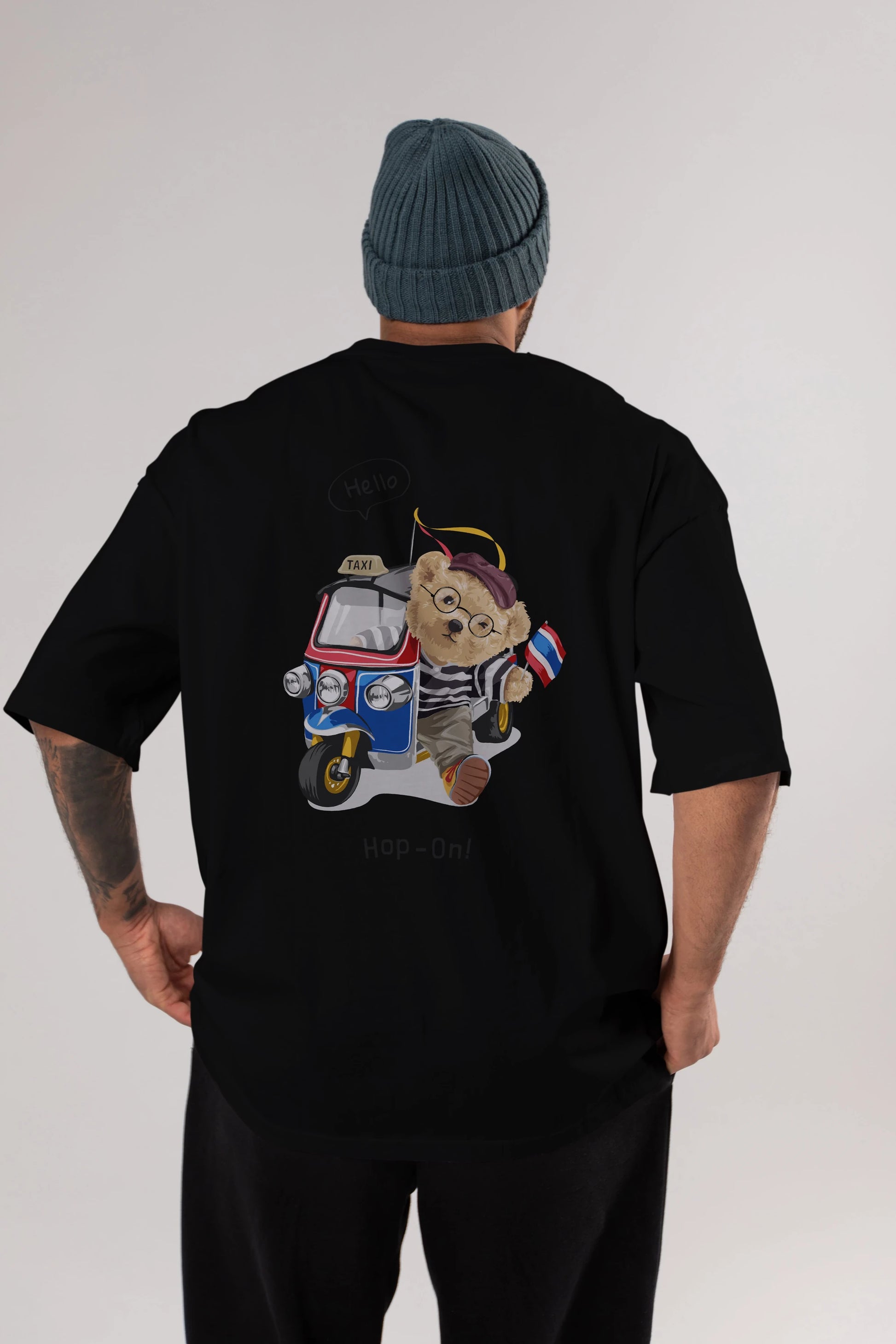 Teddy Bear Hop-On Arka Baskılı Oversize t-shirt Erkek Kadın Unisex %100 Pamuk