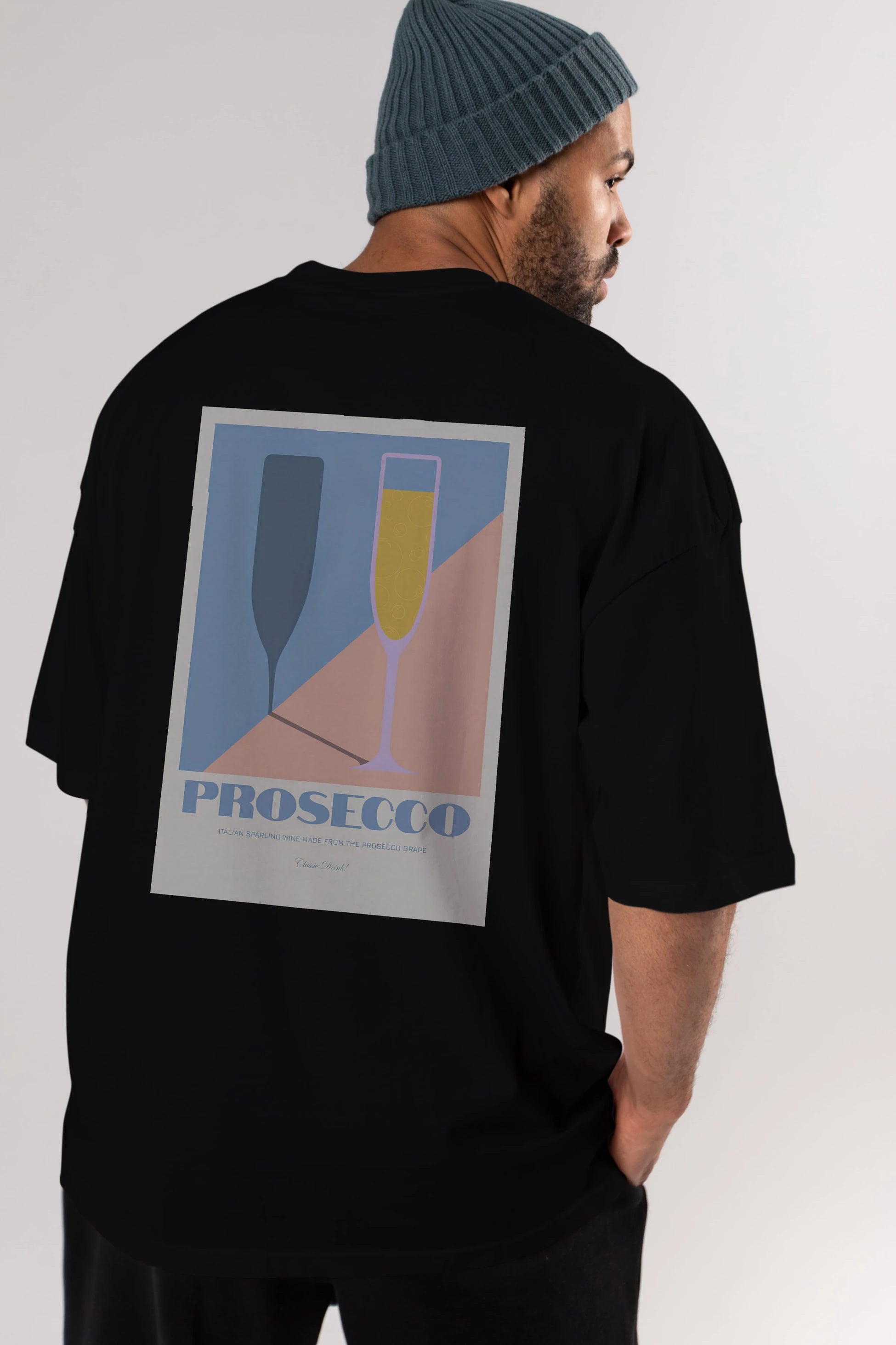 Prosecco Arka Baskılı Oversize t-shirt Erkek Kadın Unisex %100 Pamuk Bisiklet Yaka tişort