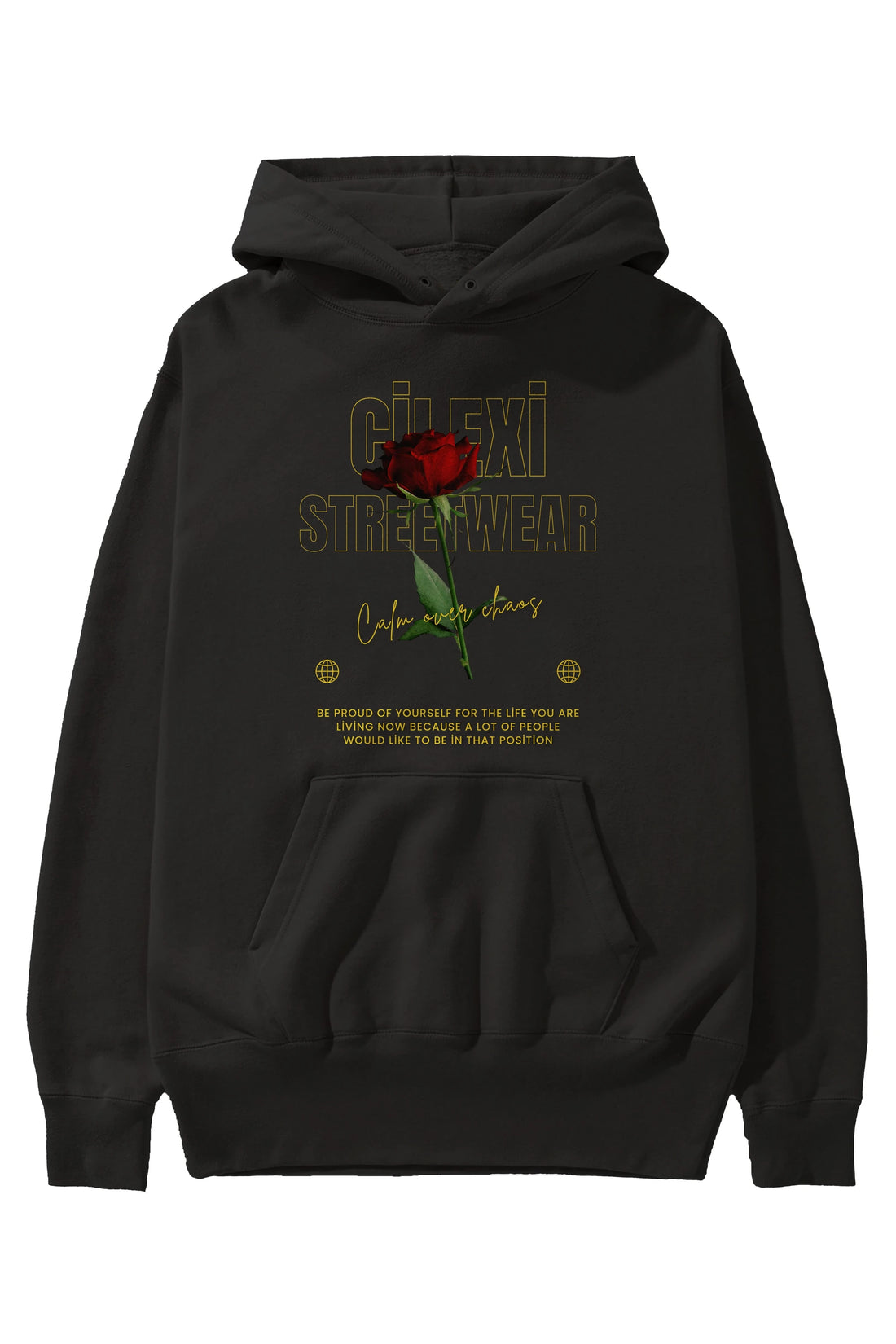 Rose Cilexi Streetwear Ön Baskılı Oversize Hoodie Kapüşonlu Sweatshirt Erkek Kadın Unisex