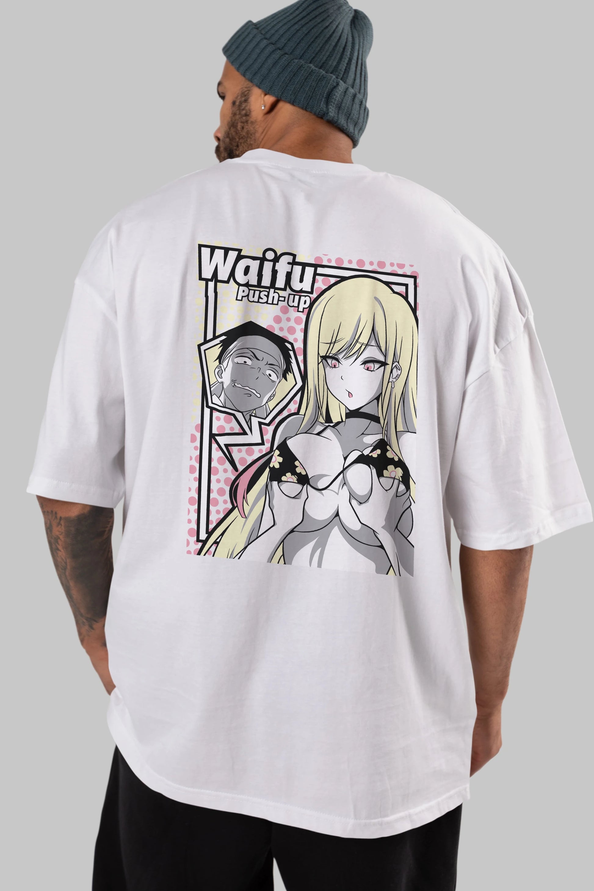 Waifu PushUp Anime Arka Baskılı Oversize t-shirt Erkek Kadın Unisex