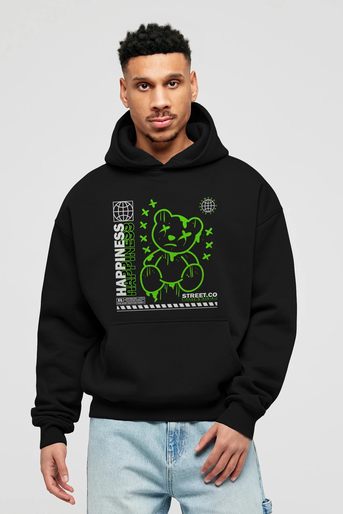 Happiness Bear 3 Ön Baskılı Hoodie Oversize Kapüşonlu Sweatshirt Erkek Kadın Unisex