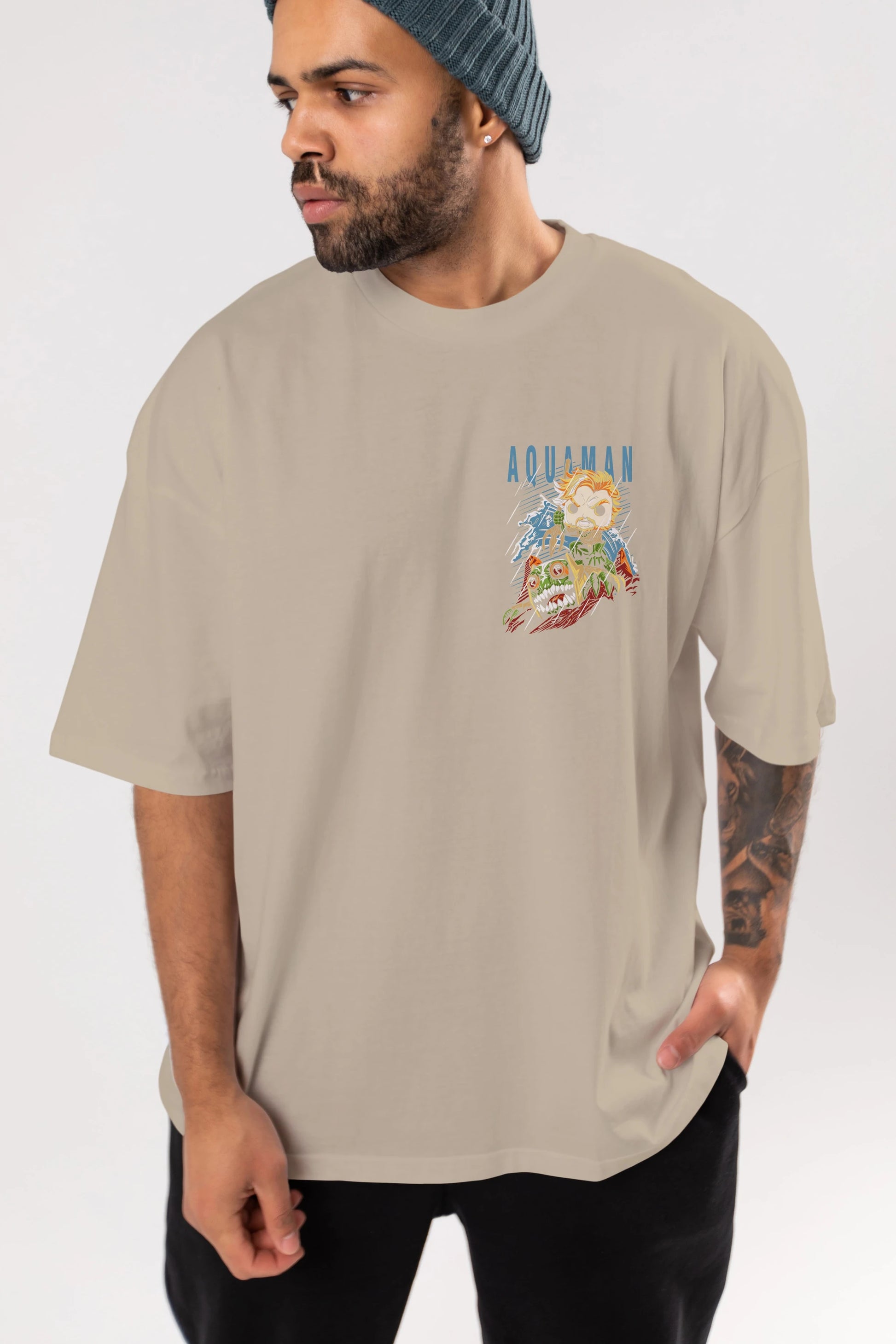Aquaman Ön Sol Baskılı Oversize t-shirt Erkek Kadın Unisex %100 Pamuk Bisiklet Yaka tişort