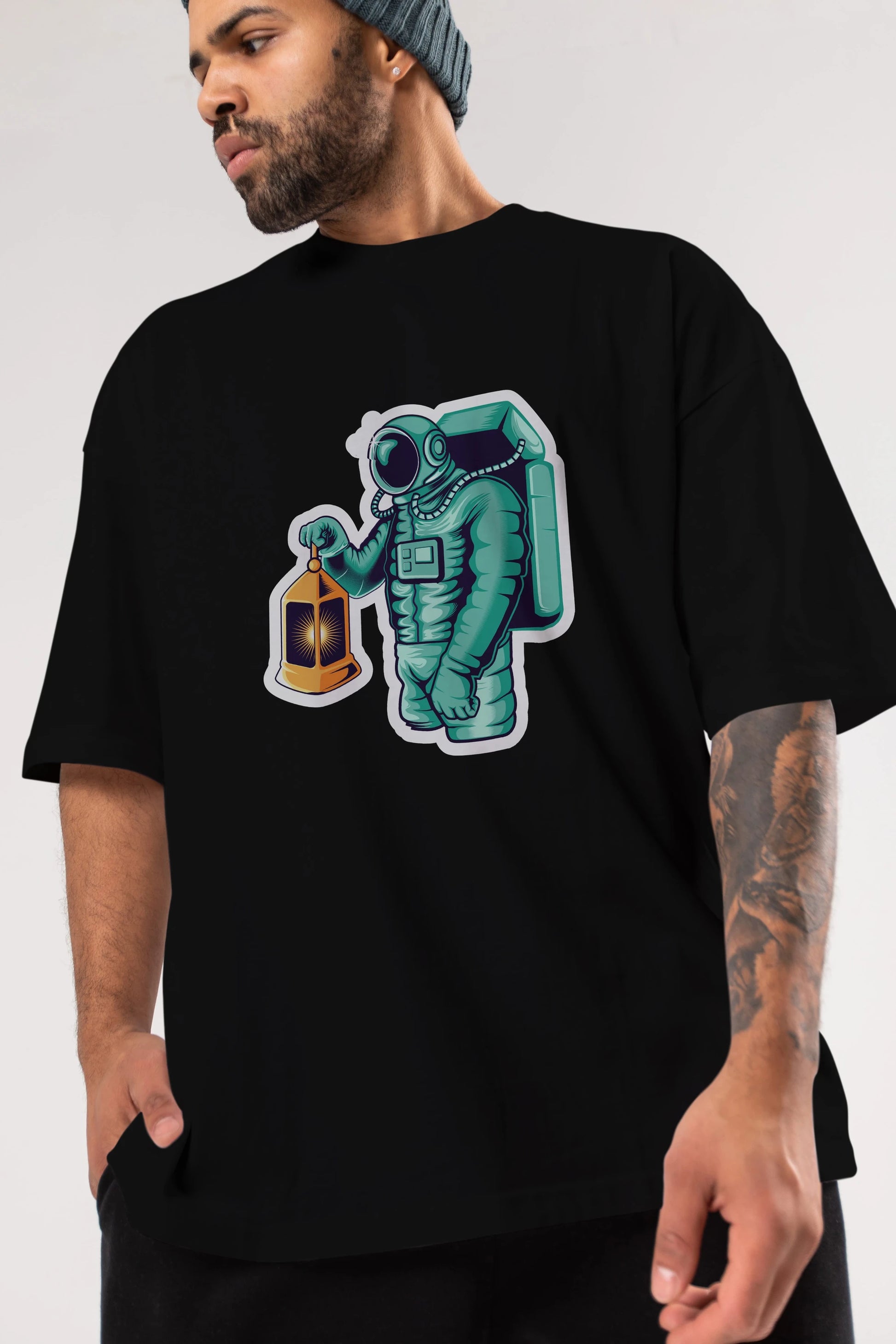 Astronaut Lantern Sticker Ön Baskılı Oversize t-shirt Erkek Kadın Unisex