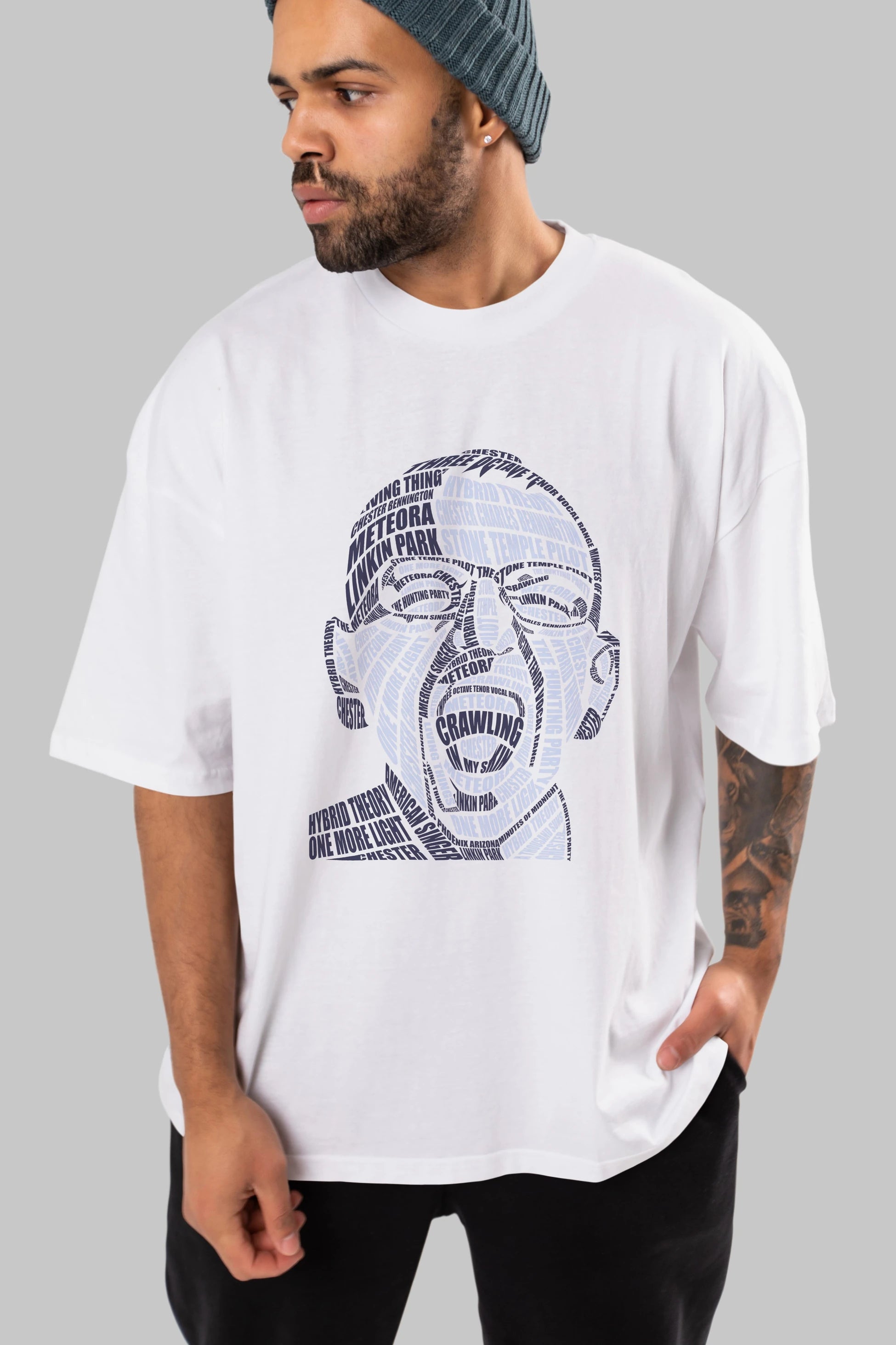 Chester Bennington Calligram Ön Baskılı Oversize t-shirt %100 pamuk Erkek Kadın Unisex