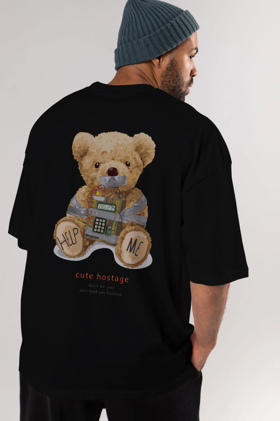 Teddy Bear Help Me Arka Baskılı Oversize t-shirt Erkek Kadın Unisex %100 Pamuk
