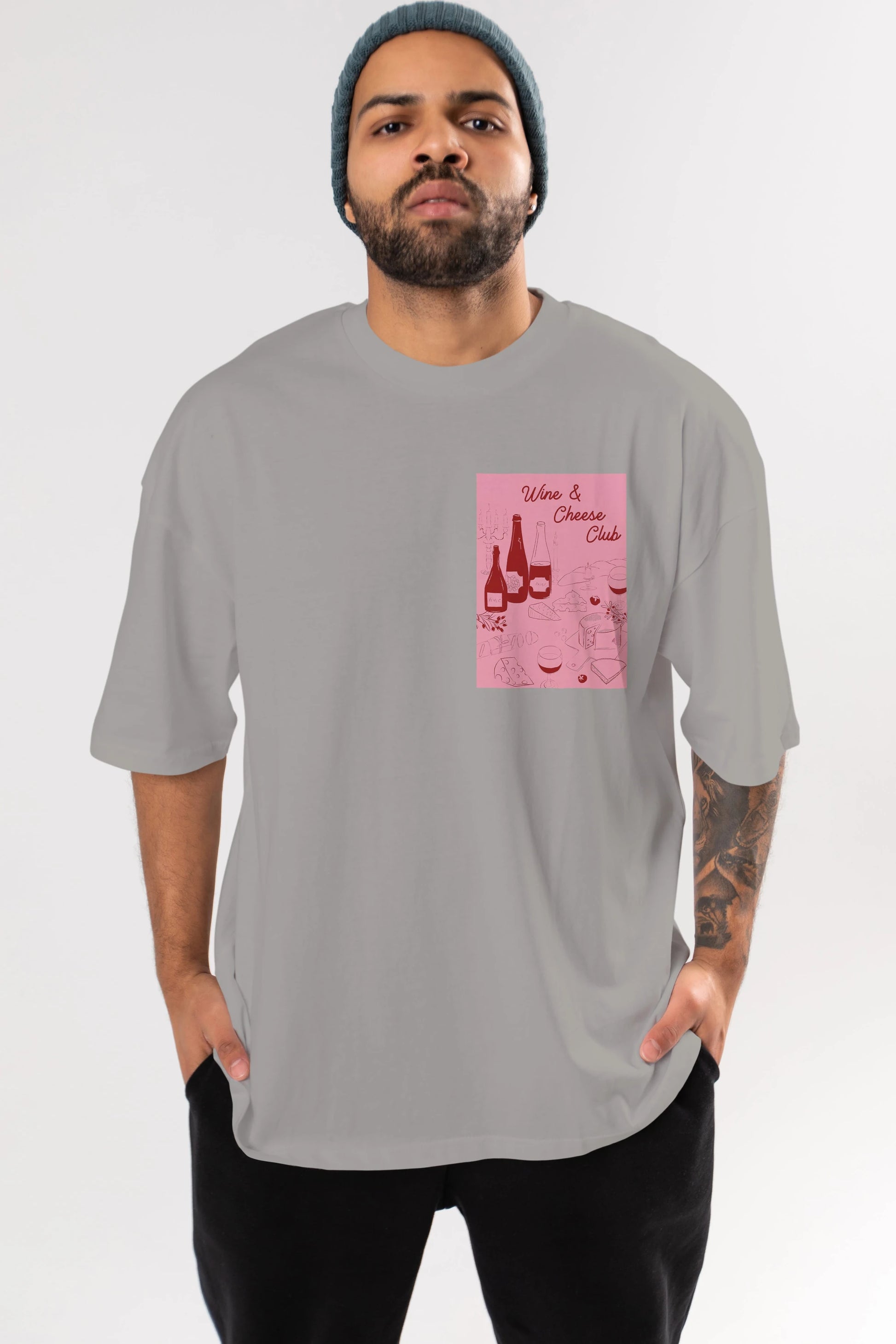 Wine Cheese Club Ön Sol Baskılı Oversize t-shirt Erkek Kadın Unisex %100 Pamuk Bisiklet Yaka tişort