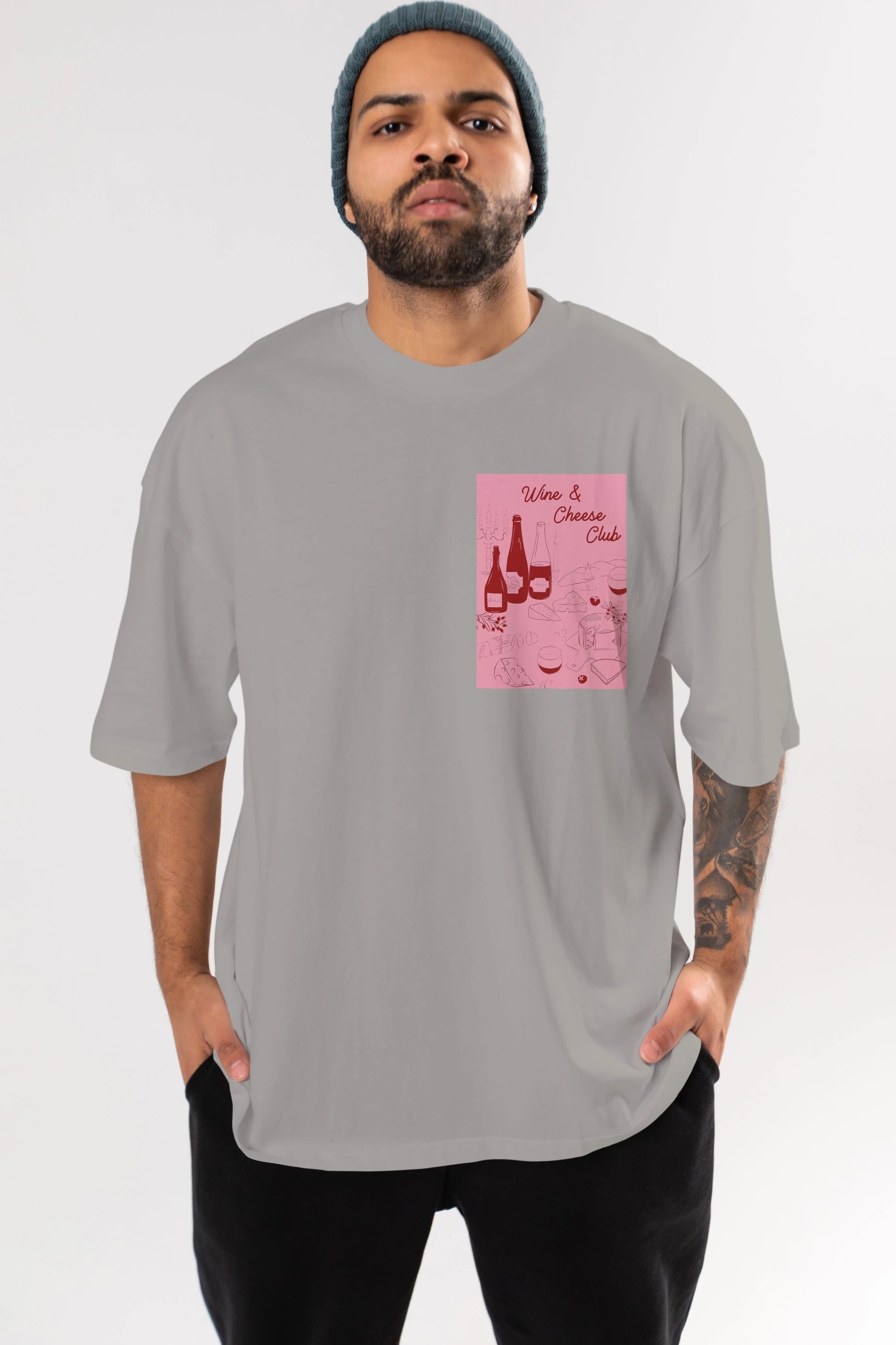 Wine Cheese Club Ön Sol Baskılı Oversize t-shirt Erkek Kadın Unisex %100 Pamuk Bisiklet Yaka tişort