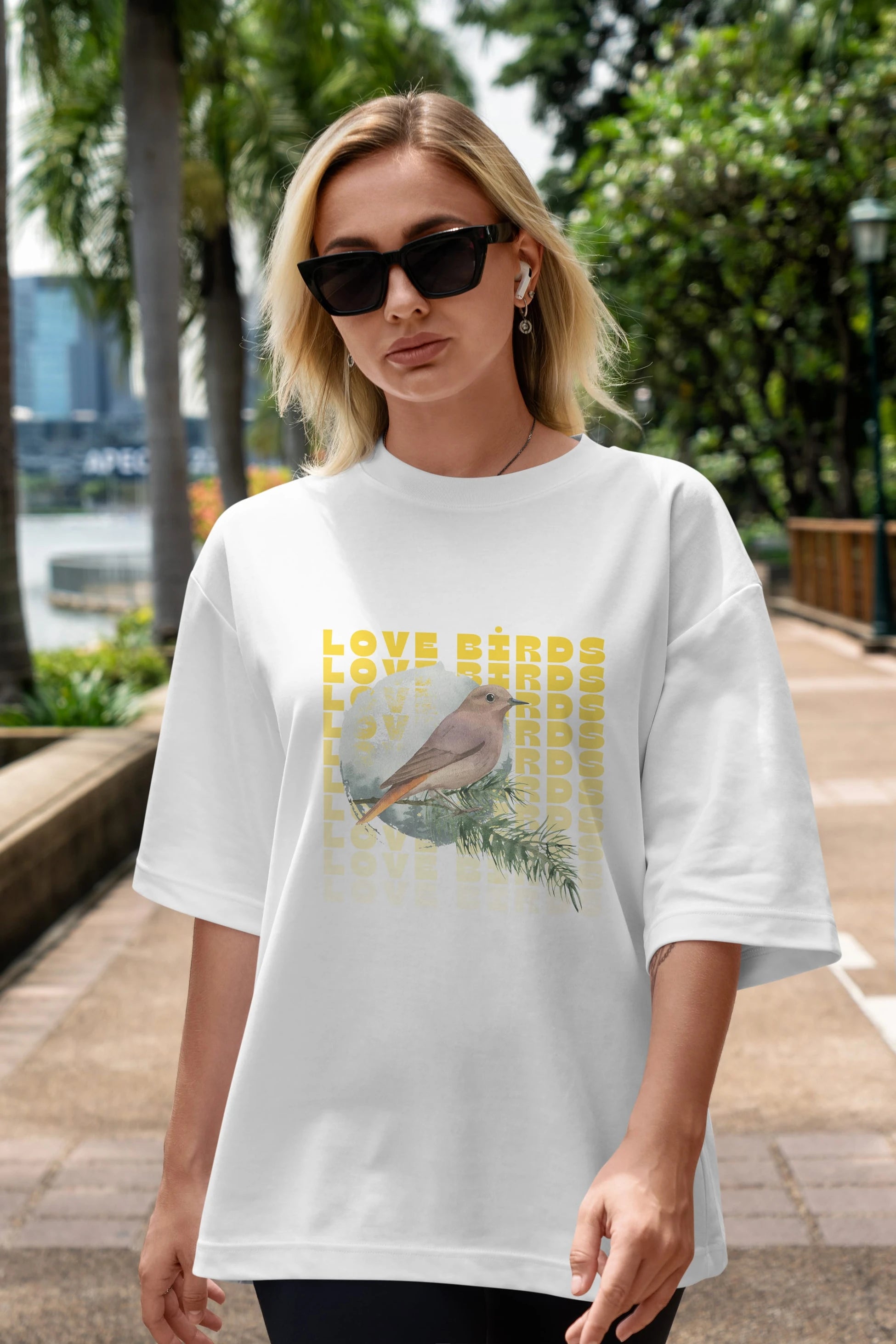 Love Birds Yazılı Ön Baskılı Oversize t-shirt Erkek Kadın Unisex