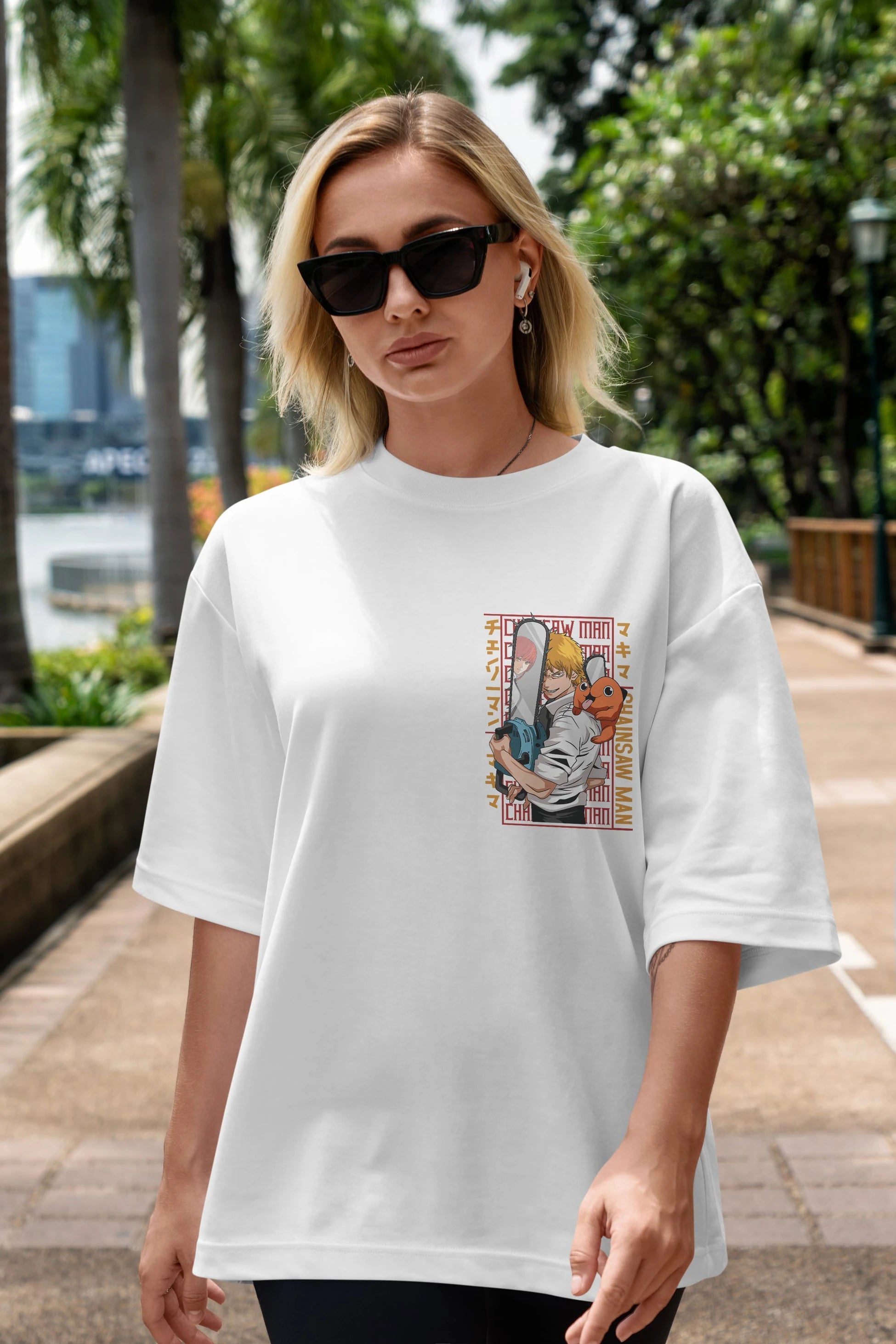 Chainsaw DENJI Ön Sol Baskılı Oversize t-shirt Erkek Kadın Unisex %100 Pamuk Bisiklet Yaka tişort