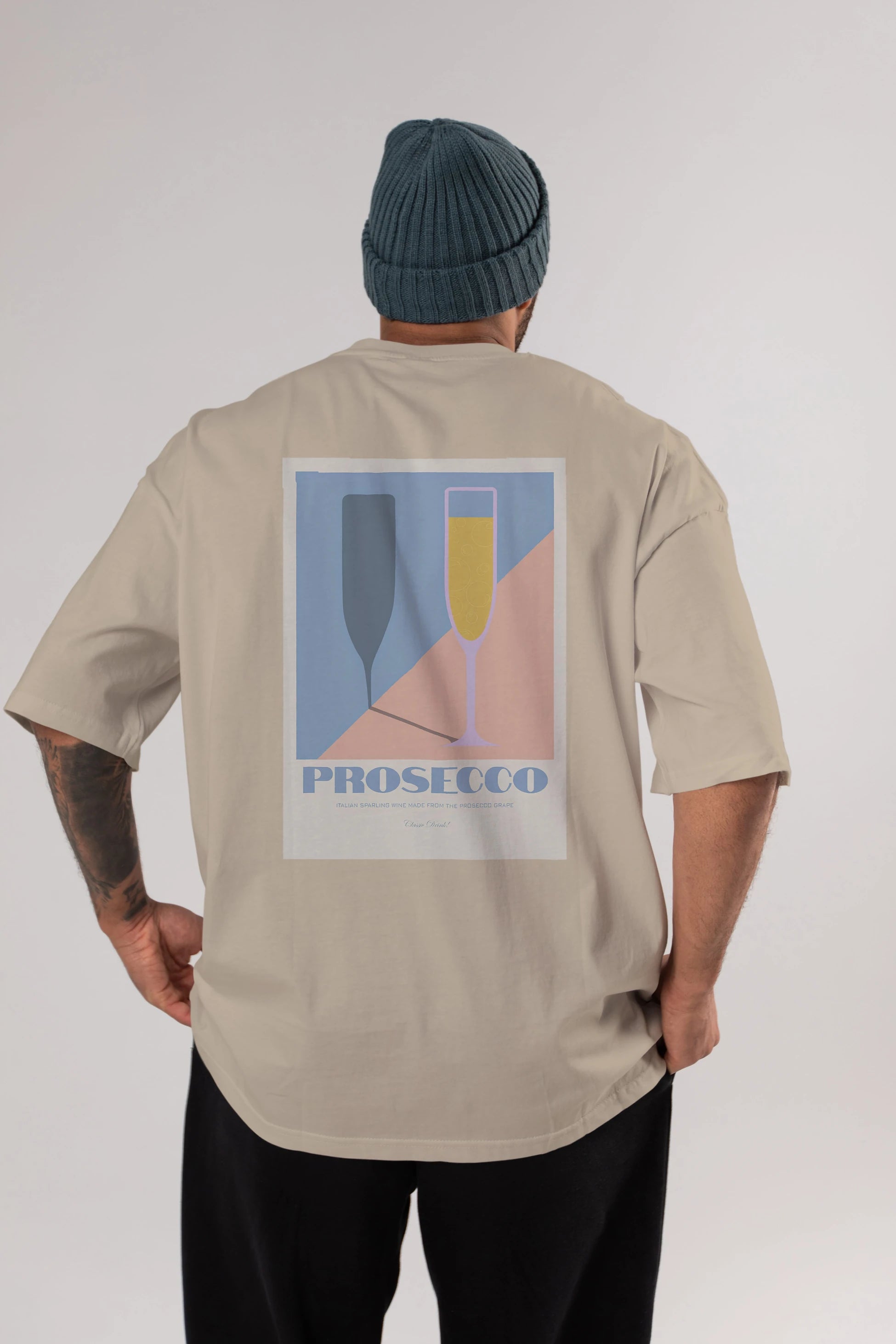 Prosecco Arka Baskılı Oversize t-shirt Erkek Kadın Unisex %100 Pamuk Bisiklet Yaka tişort