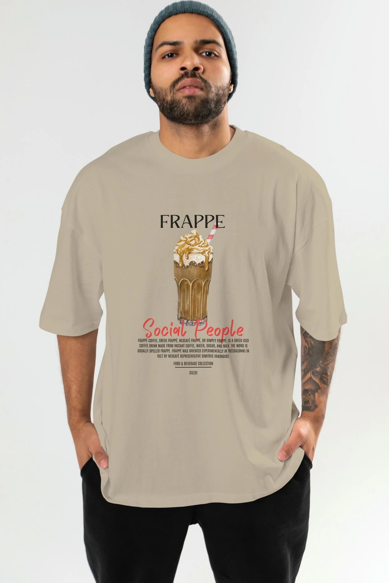 Frappe Kokteyl Serisi ön Baskılı Oversize t-shirt Erkek Kadın %100 Pamuk Bisiklet Yaka tişort