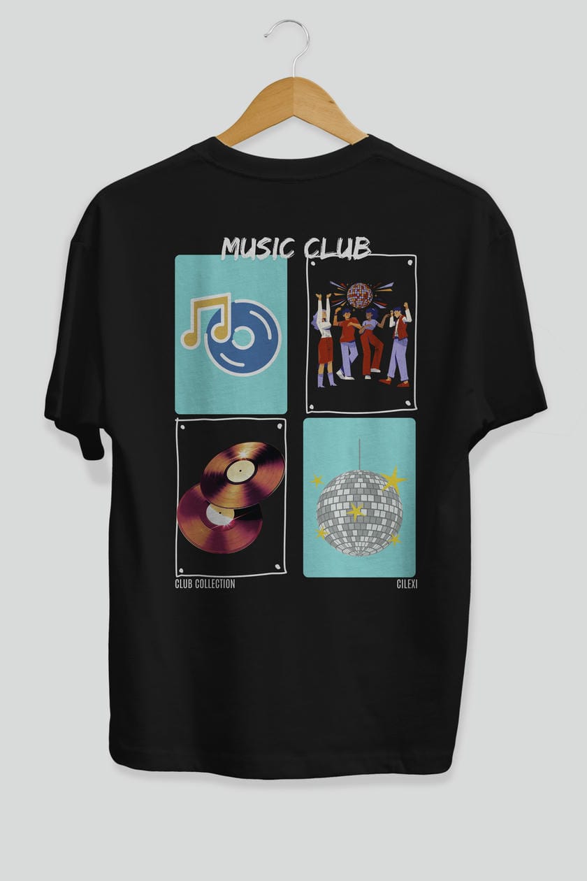 Music Club Arka Baskılı Oversize t-shirt Erkek Kadın %100 Pamuk Bisiklet Yaka tişort