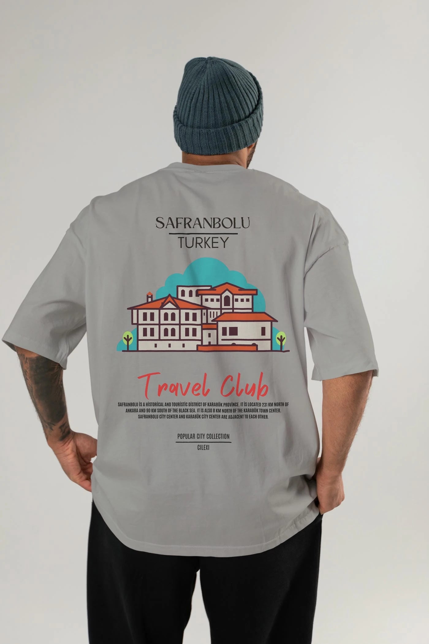 Safranbolu Turkey Arka Baskılı Oversize t-shirt Erkek Kadın Pamuk Bisiklet Yaka tişort