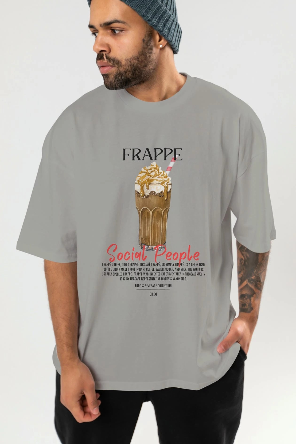 Frappe Kokteyl Serisi ön Baskılı Oversize t-shirt Erkek Kadın %100 Pamuk Bisiklet Yaka tişort