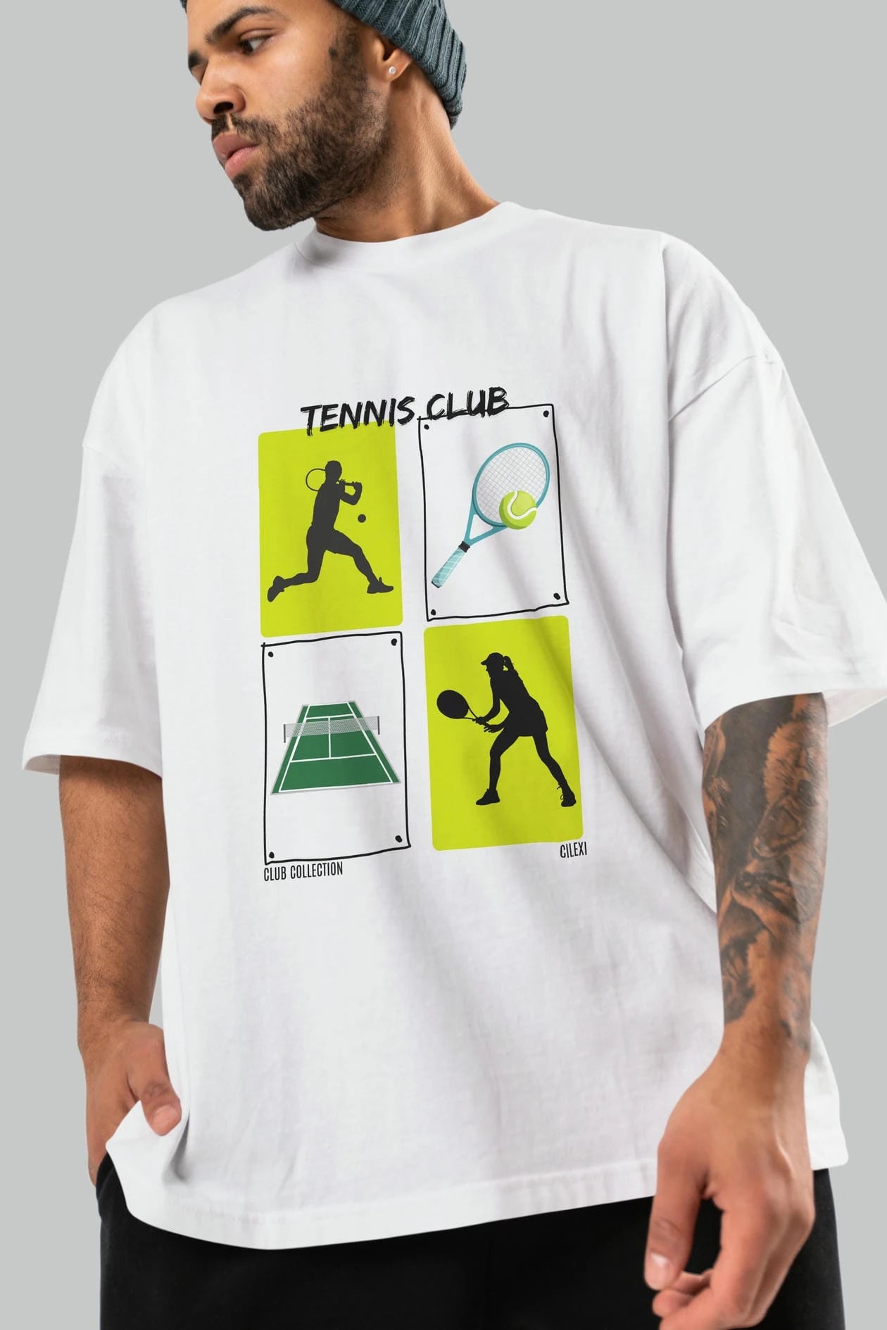 Tennis Club ön Baskılı Oversize t-shirt Erkek Kadın %100 Pamuk Bisiklet Yaka tişort