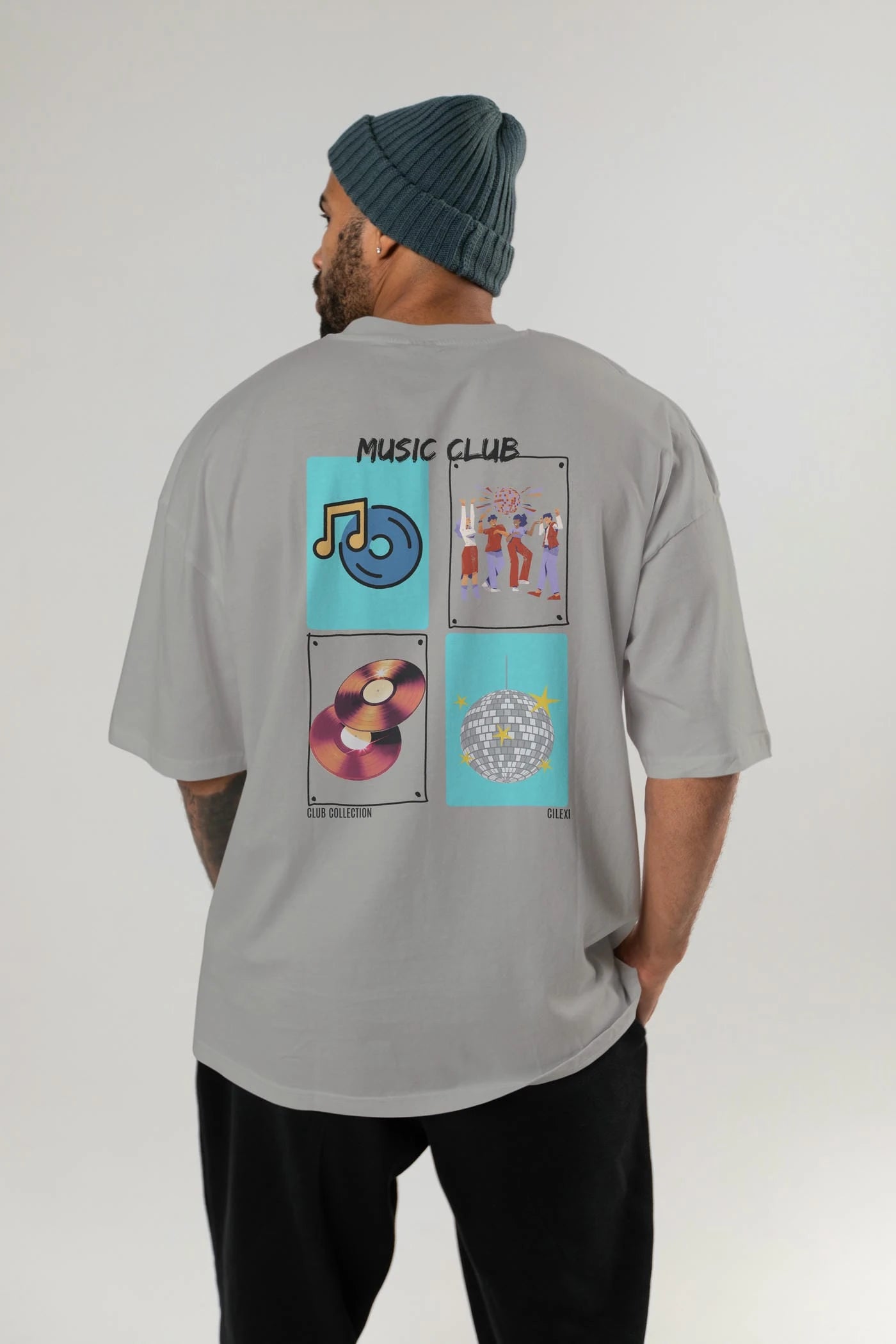 Music Club Arka Baskılı Oversize t-shirt Erkek Kadın %100 Pamuk Bisiklet Yaka tişort