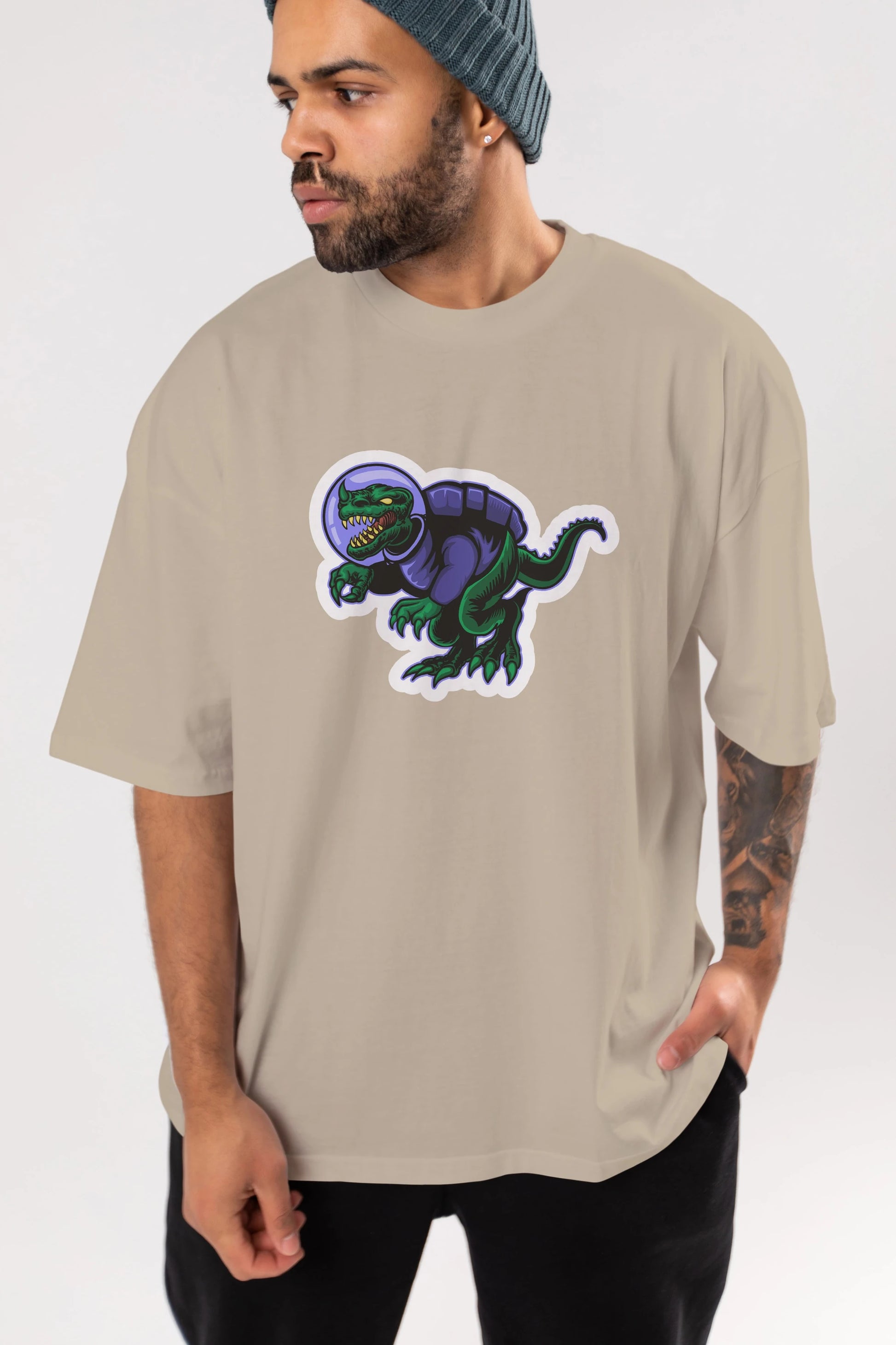 Space Dino Sticker Ön Baskılı Oversize t-shirt Erkek Kadın Unisex