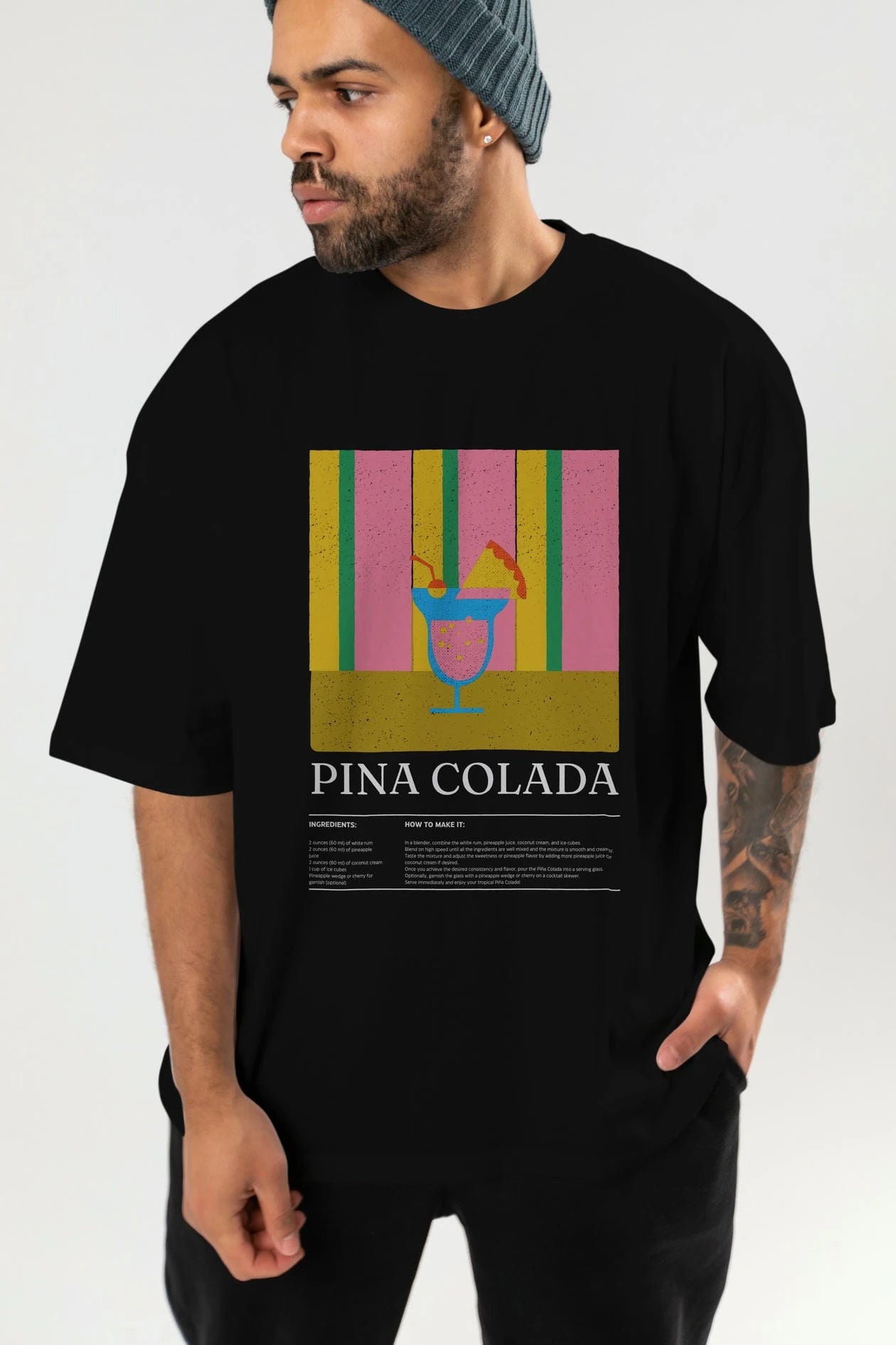 Pina Colada Kokteyl Ön Baskılı Oversize t-shirt Erkek Kadın %100 Pamuk Bisiklet Yaka tişort