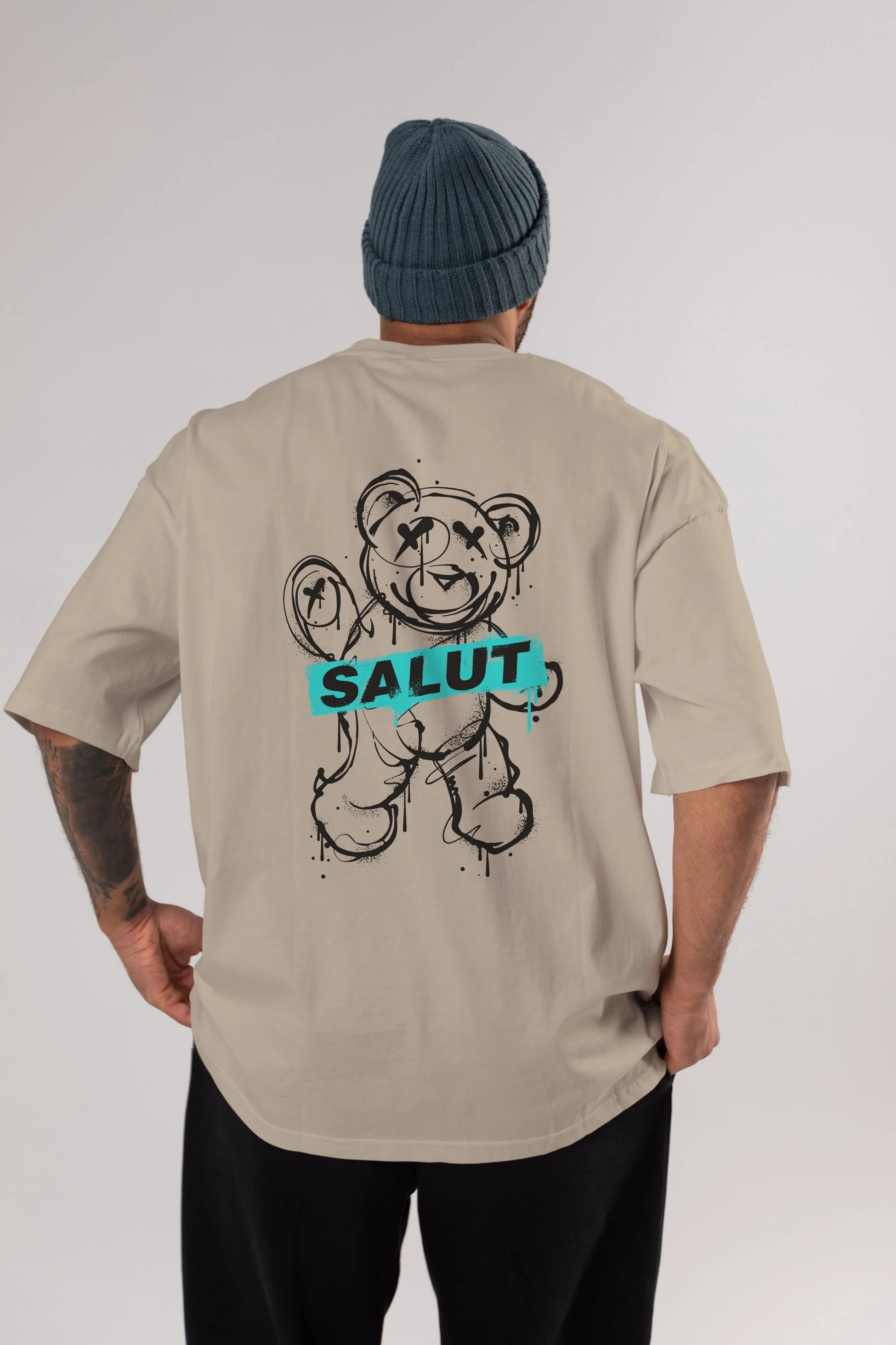 Teddy Bear Salut Arka Baskılı Oversize t-shirt Erkek Kadın Unisex