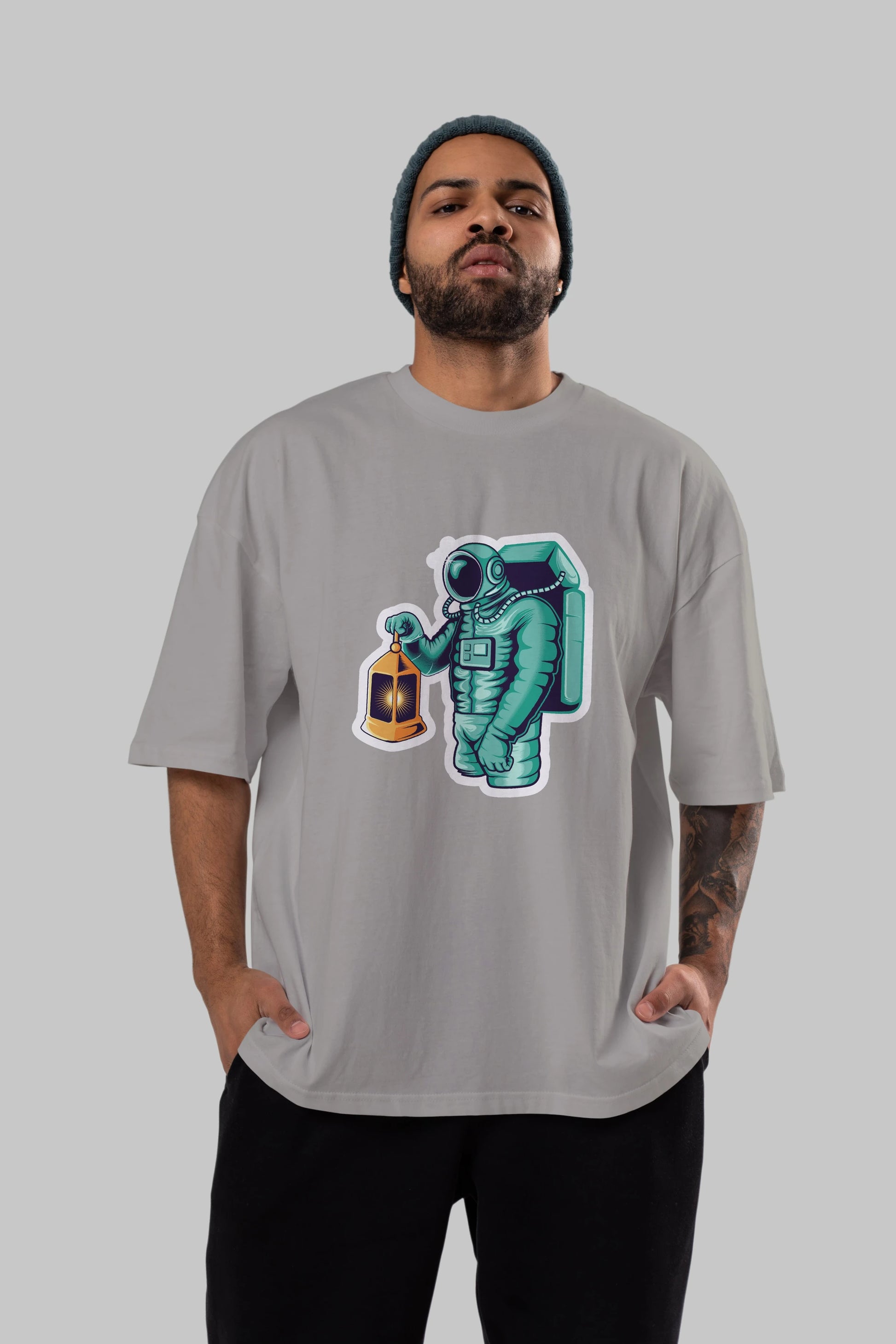 Astronaut Lantern Sticker Ön Baskılı Oversize t-shirt Erkek Kadın Unisex