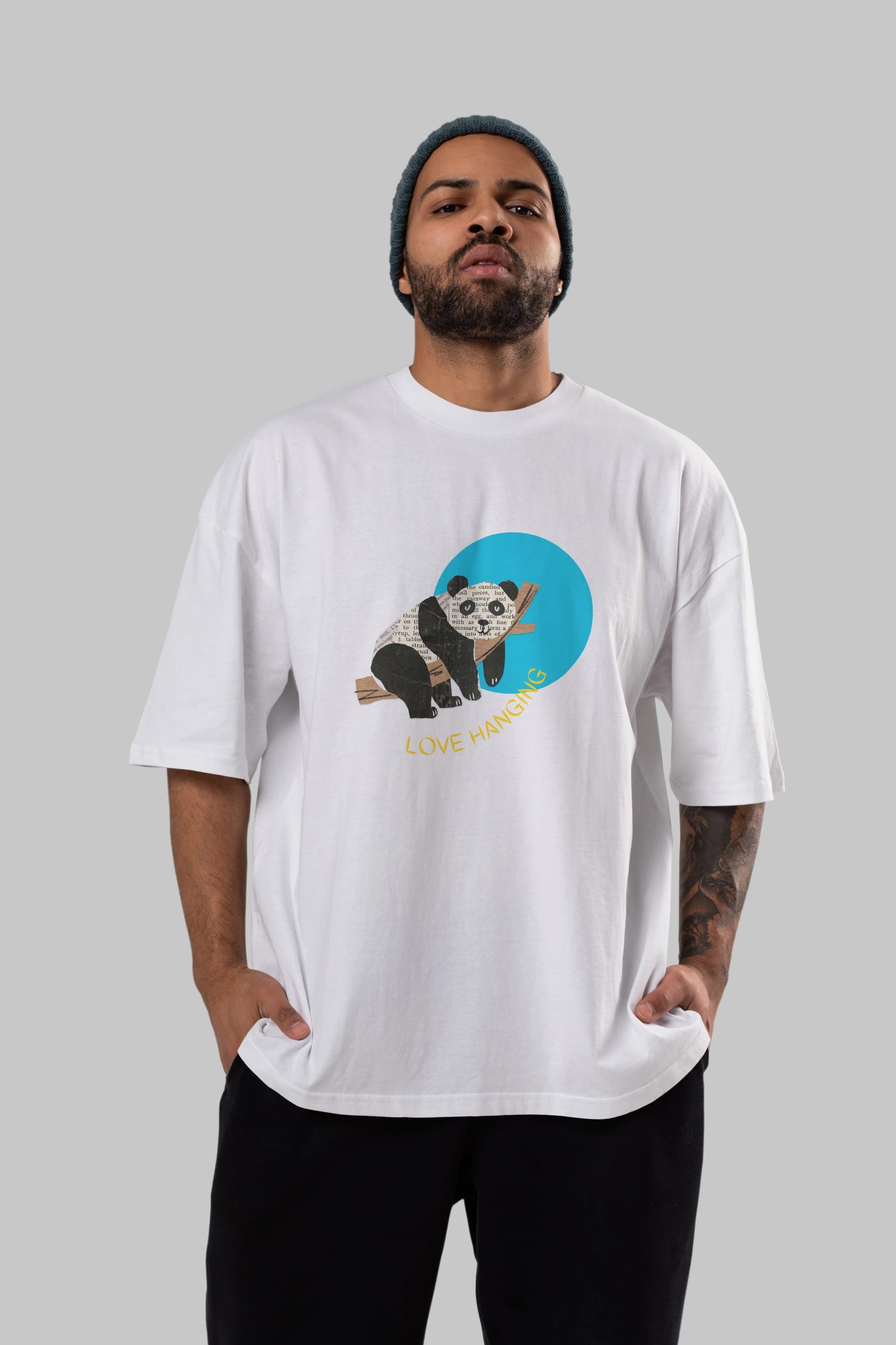 Panda Love Hanging Ön Baskılı Oversize t-shirt Erkek Kadın Unisex
