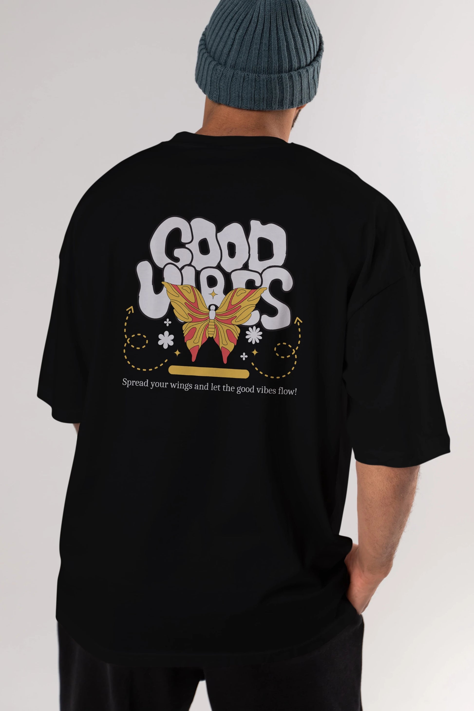 Good Vibes Yazılı 4 Arka Baskılı Oversize t-shirt Erkek Kadın Unisex