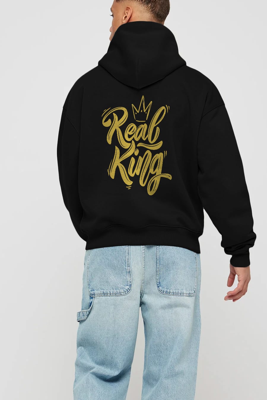 Real King Yazılı Arka Baskılı Oversize Hoodie Kapüşonlu Sweatshirt Erkek Kadın Unisex