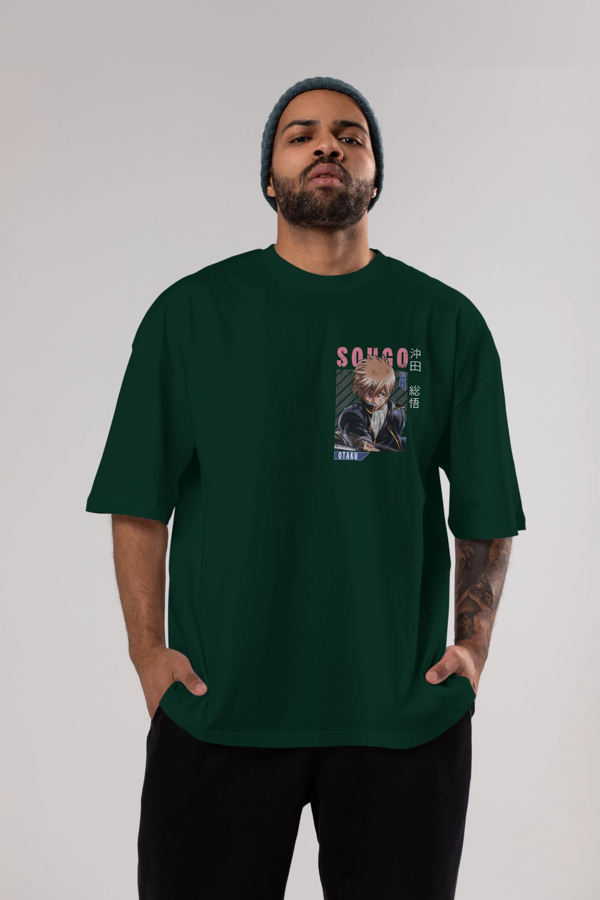 Sougo Okita GINTAMA Ön Sol Baskılı Oversize t-shirt Erkek Kadın Unisex %100 Pamuk Bisiklet Yaka tişort