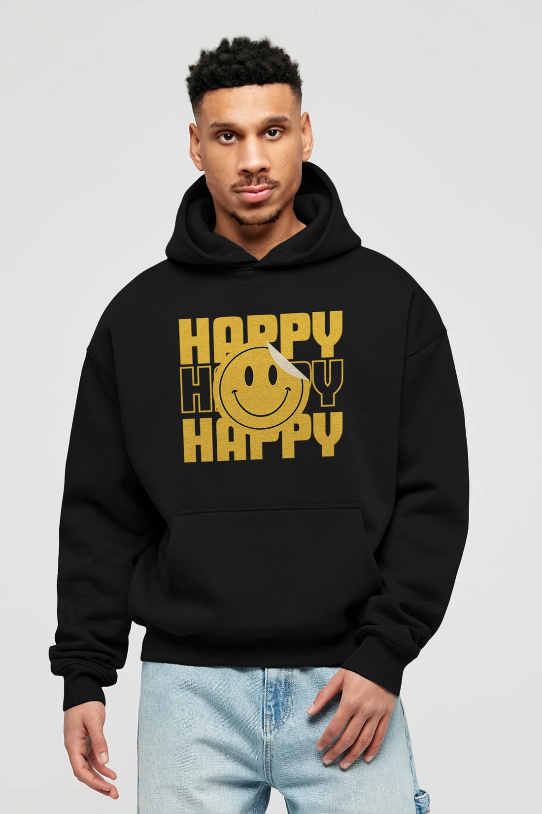 Happy Smile Yazılı Ön Baskılı Oversize Hoodie Kapüşonlu Sweatshirt Erkek Kadın Unisex