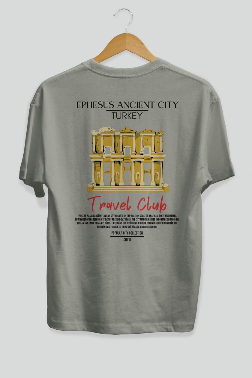 Ephesus Ancient City Turkey Arka Baskılı Oversize t-shirt Erkek Kadın Pamuk Bisiklet Yaka tişort
