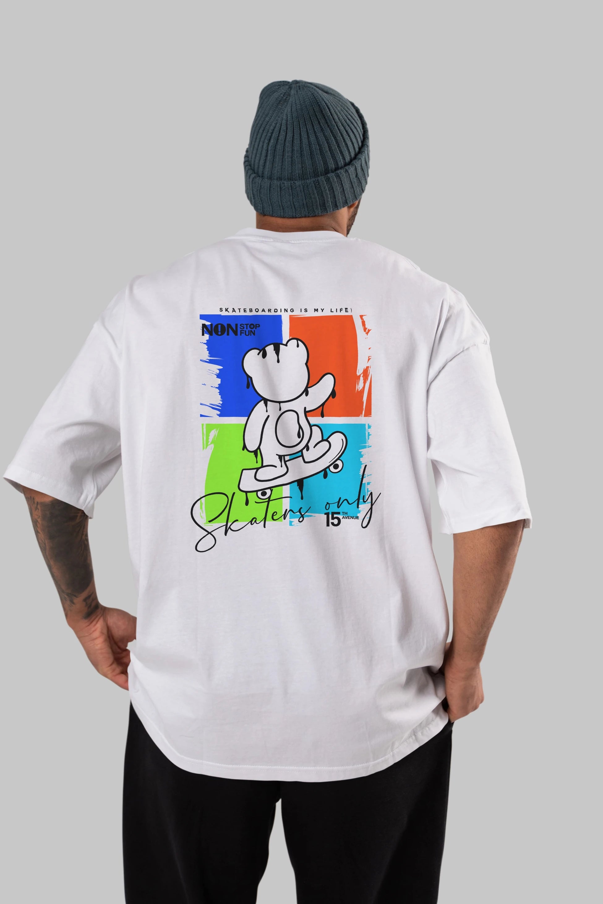 Skaters Only Bear Arka Baskılı Oversize t-shirt Erkek Kadın Unisex