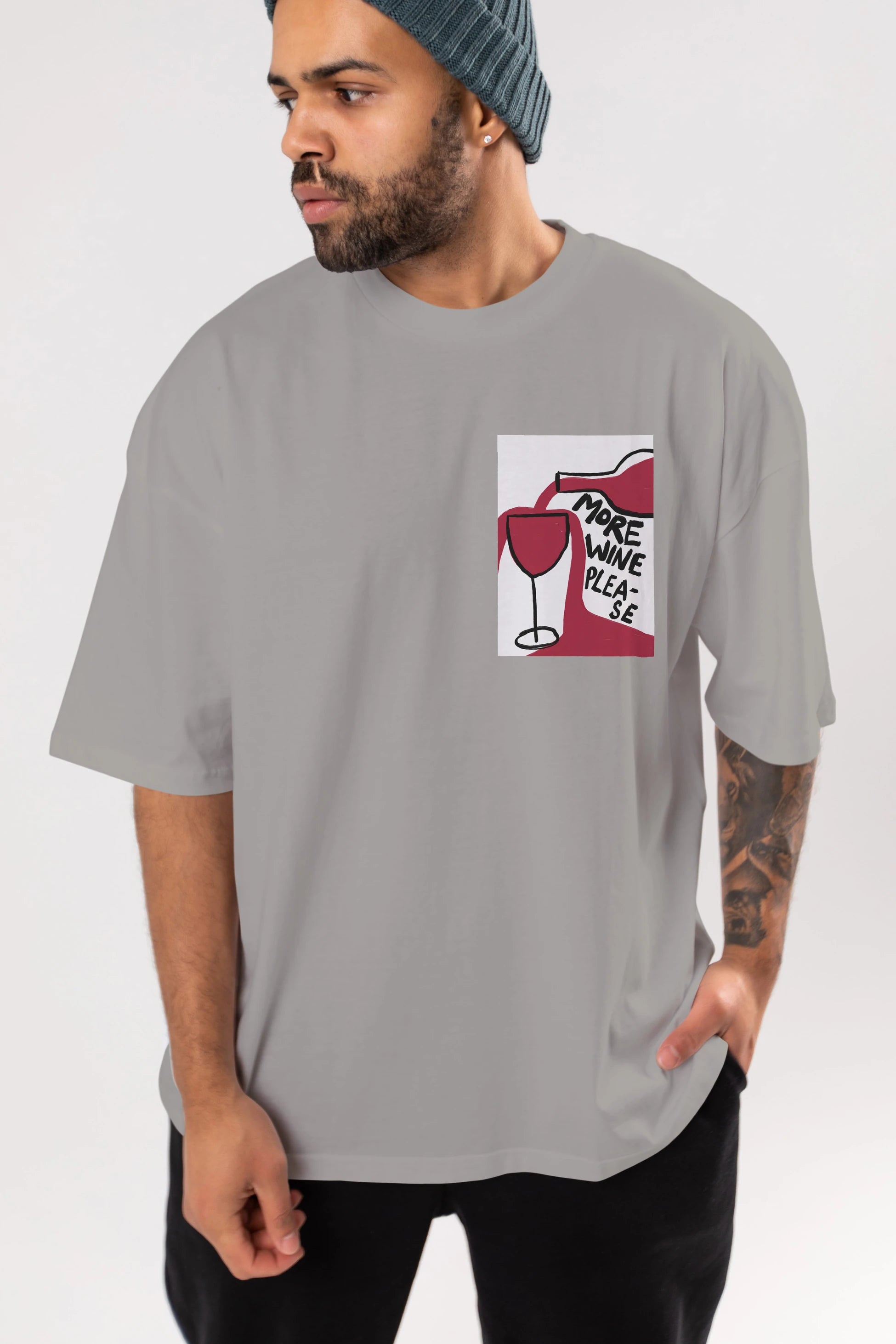 More Wine Please Ön Sol Baskılı Oversize t-shirt Erkek Kadın Unisex %100 Pamuk Bisiklet Yaka tişort