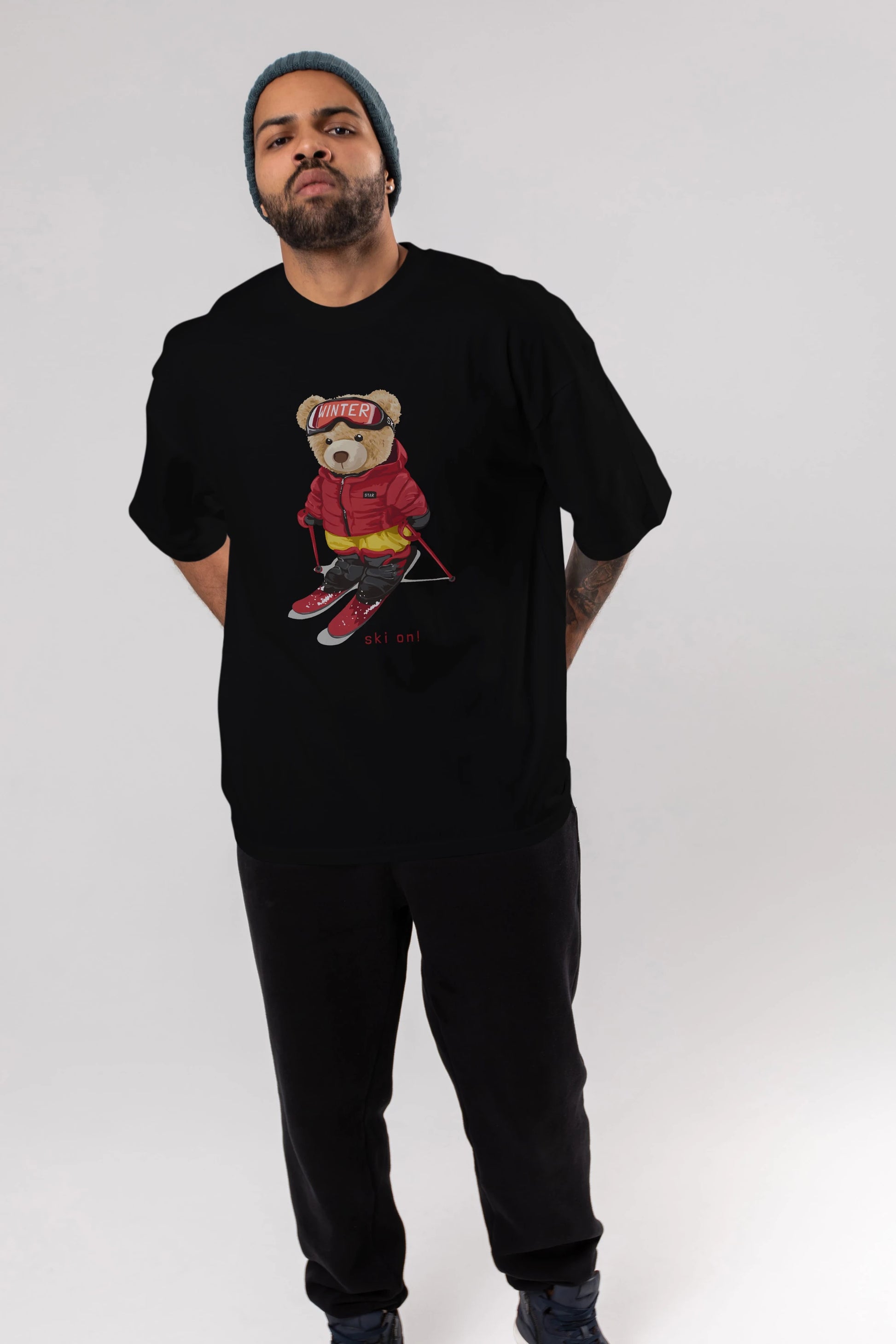 Teddy Bear Ski On Ön Baskılı Oversize t-shirt Erkek Kadın Unisex %100 Pamuk