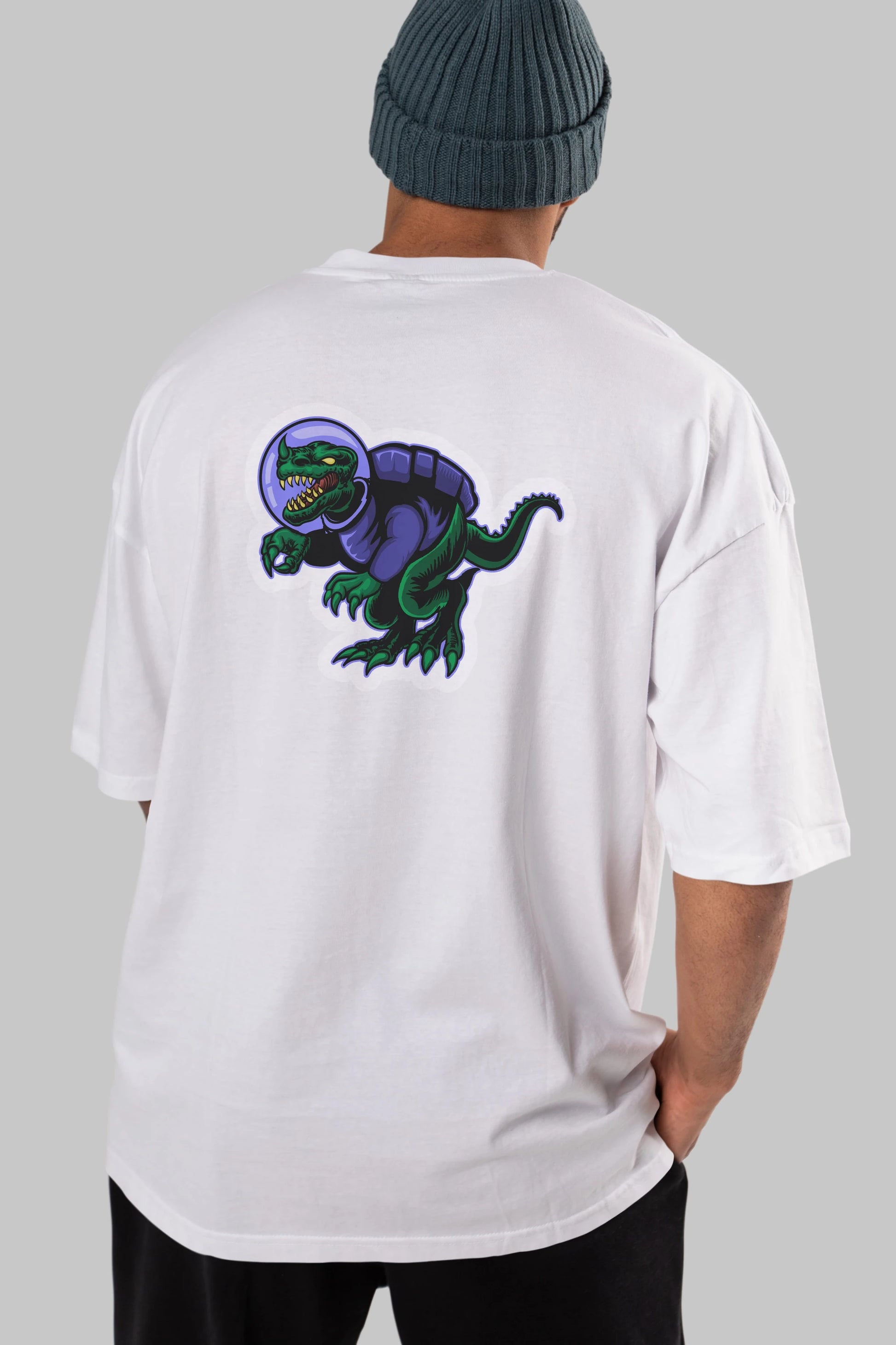 Space Dino Sticker Arka Baskılı Oversize t-shirt Erkek Kadın Unisex