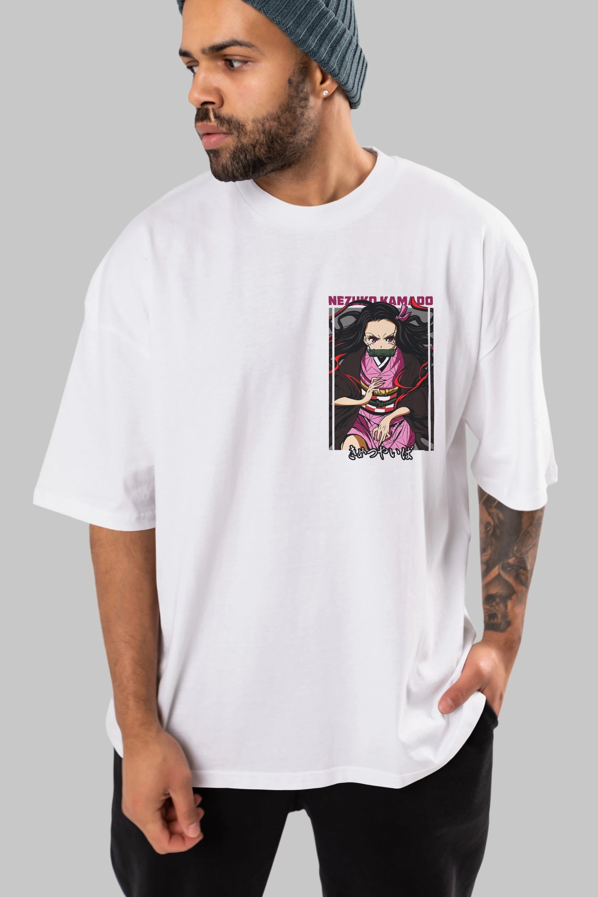 Nezuko Kamado 1 Ön Sol Baskılı Oversize t-shirt Erkek Kadın Unisex %100 Pamuk Bisiklet Yaka tişort