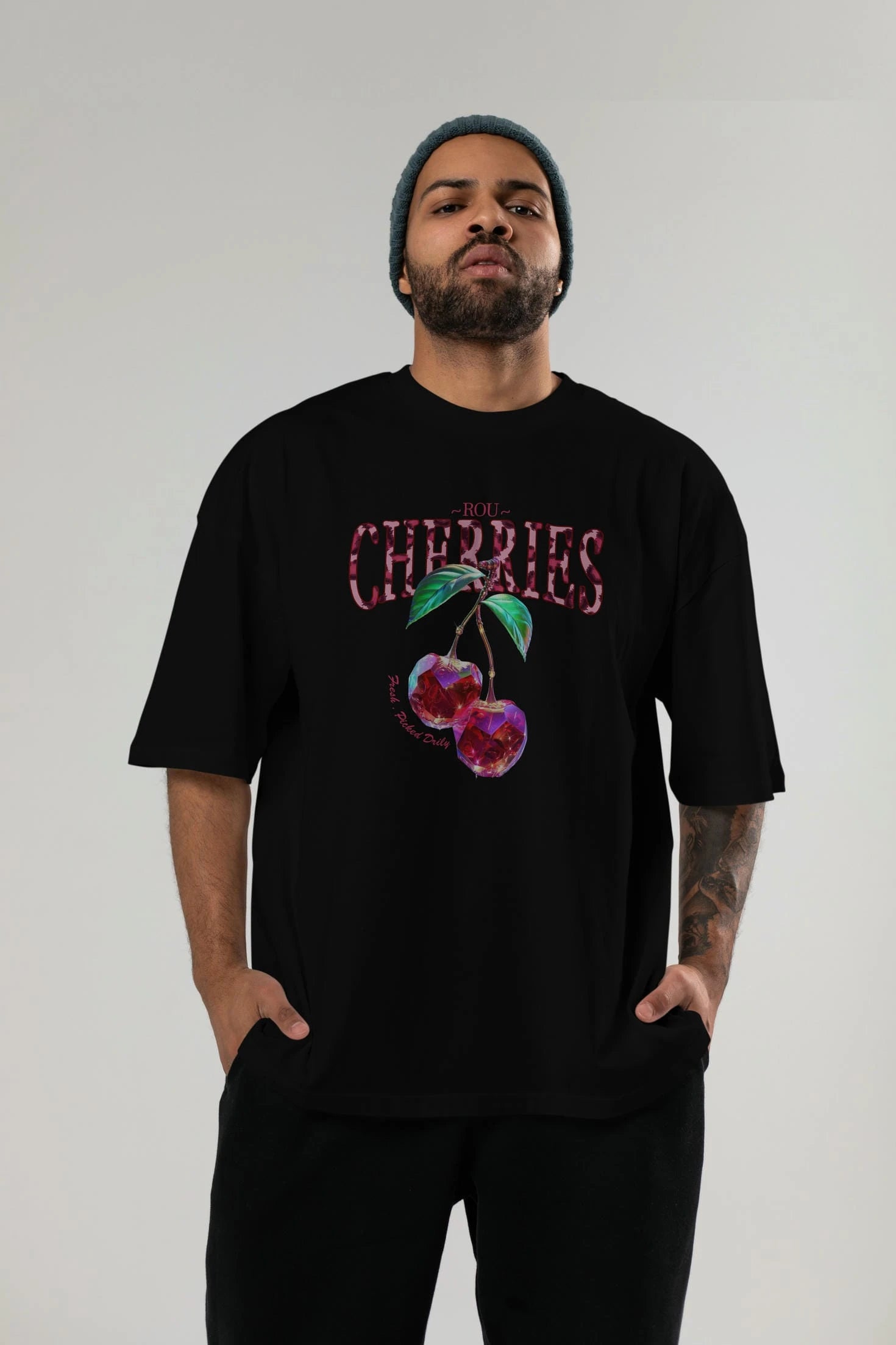 Cherry Cherries 4 Ön Baskılı Oversize t-shirt Erkek Kadın Pamuk Bisiklet Yaka tişort