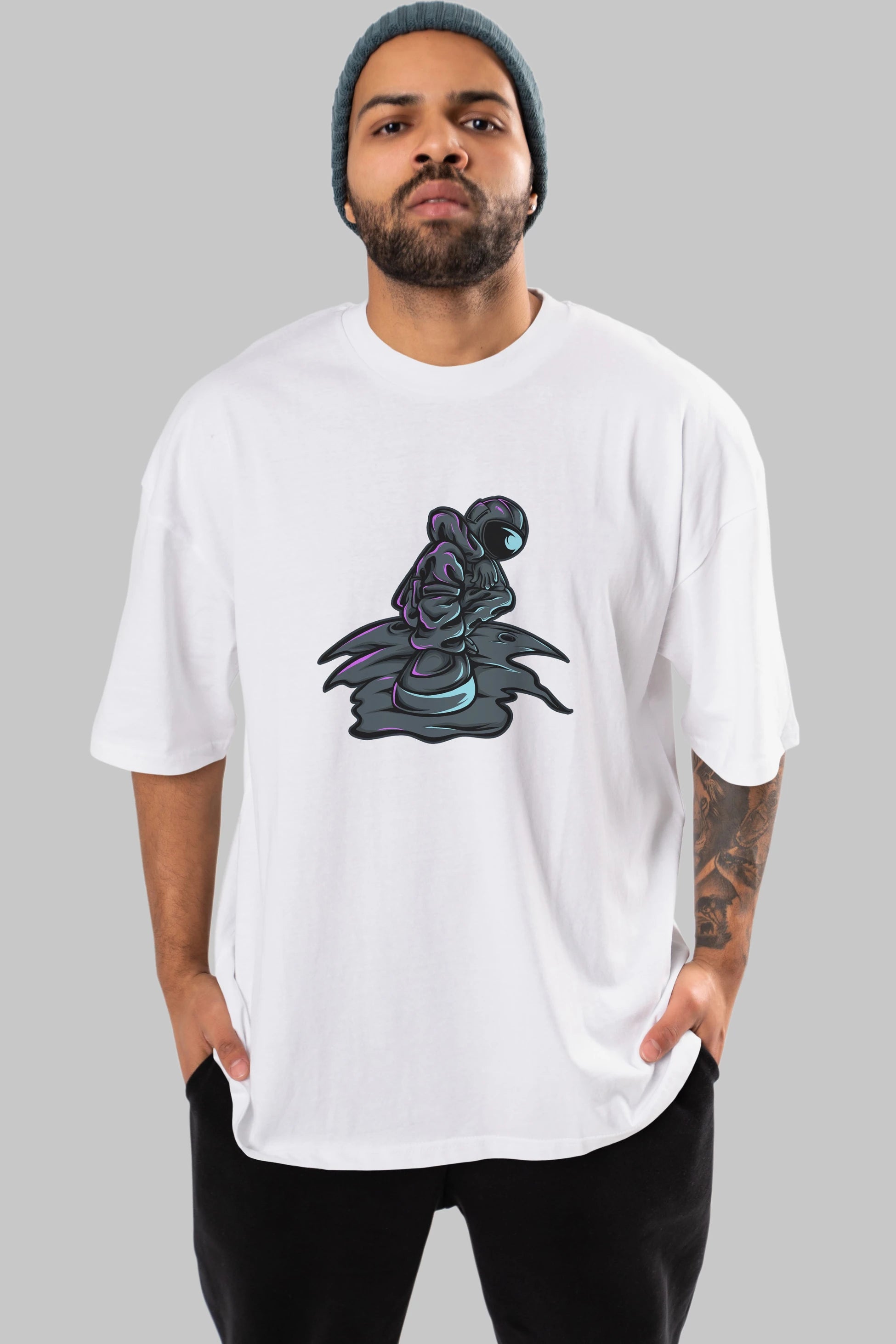Stylish Astronaut Ön Baskılı Oversize t-shirt Erkek Kadın Unisex