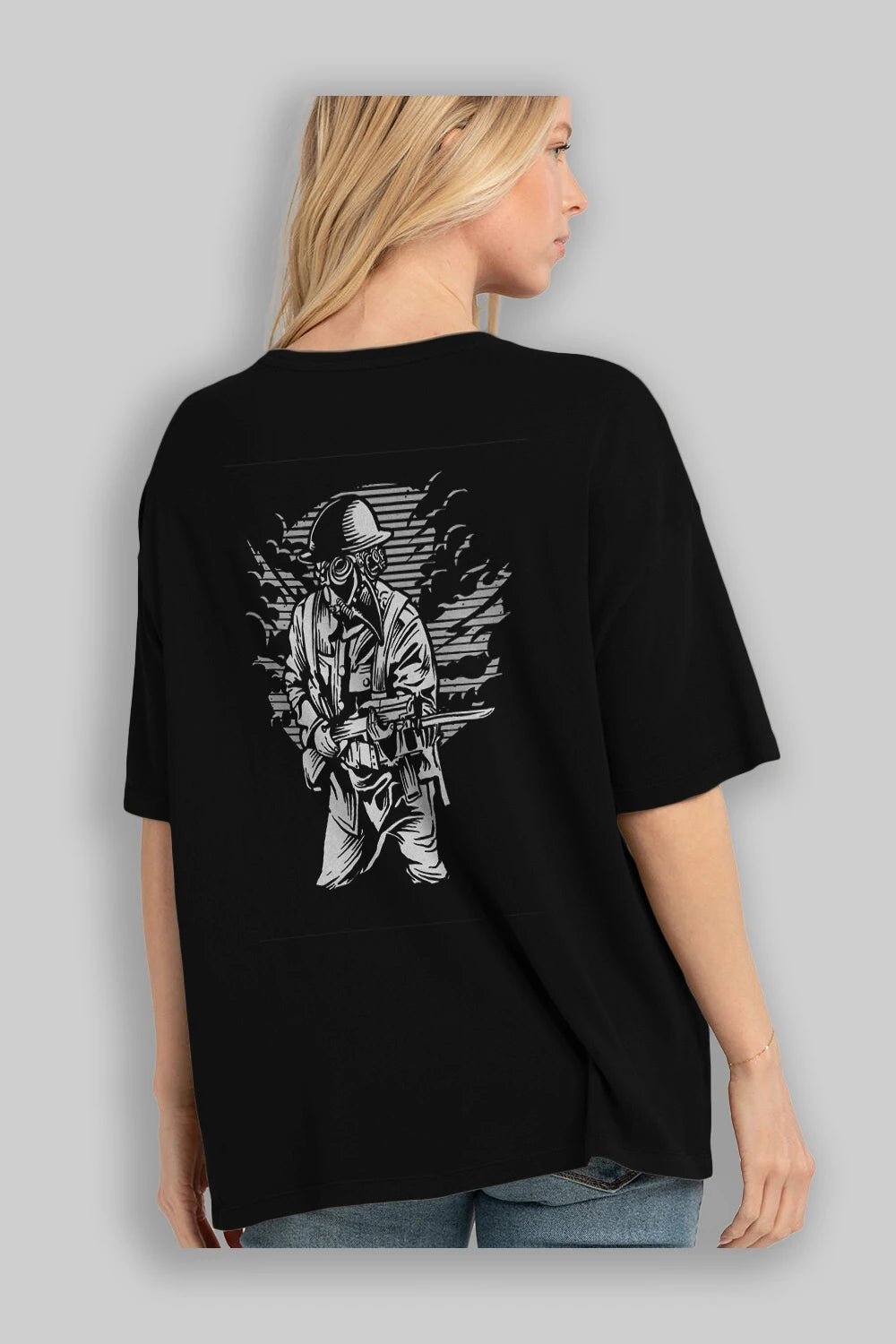 Steampunk Style Soldier Arka Baskılı Oversize t-shirt Erkek Kadın Unisex %100 Pamuk