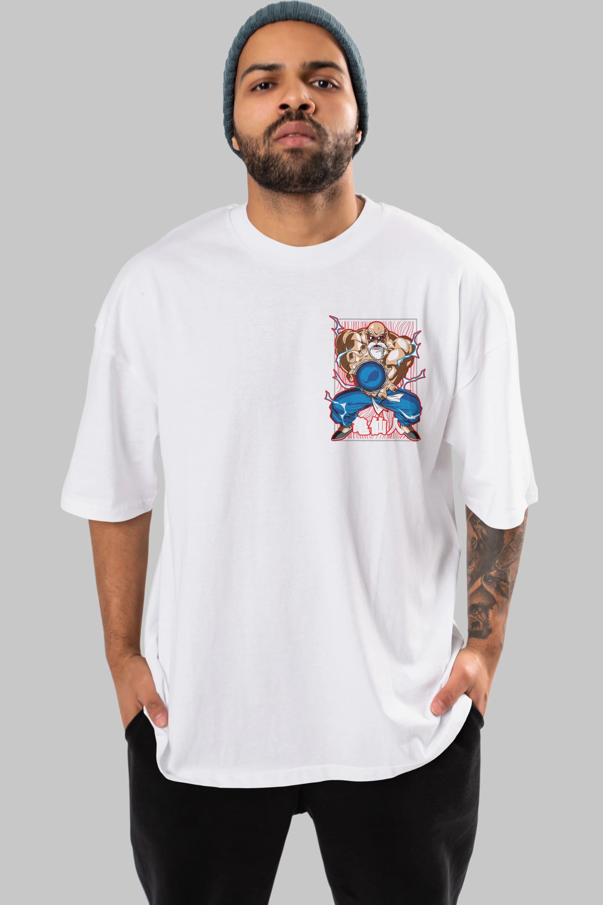 DragonBall MaestroRoshi Ön Sol Baskılı Oversize t-shirt Erkek Kadın Unisex %100 Pamuk Bisiklet Yaka tişort