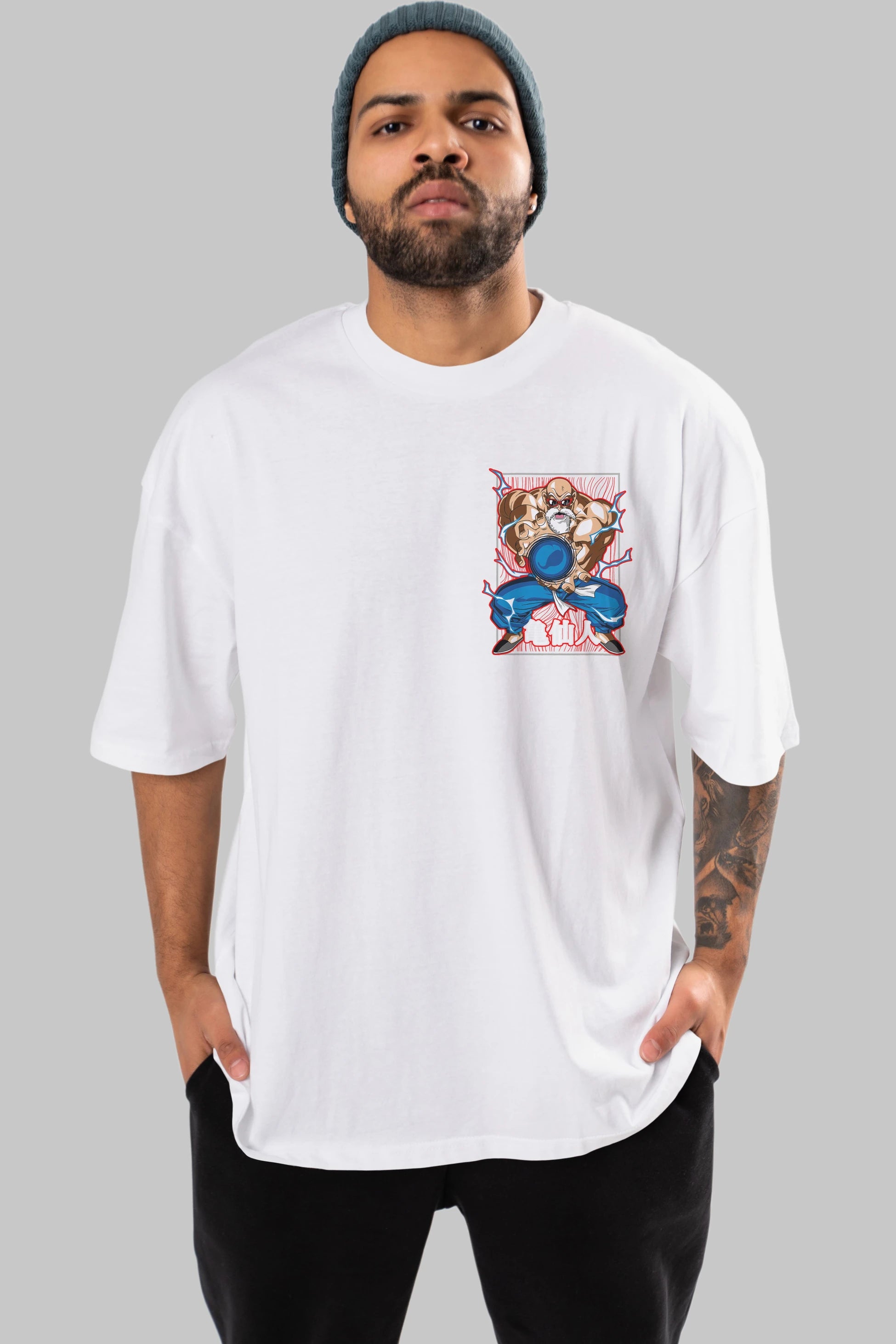 DragonBall MaestroRoshi Ön Sol Baskılı Oversize t-shirt Erkek Kadın Unisex %100 Pamuk Bisiklet Yaka tişort