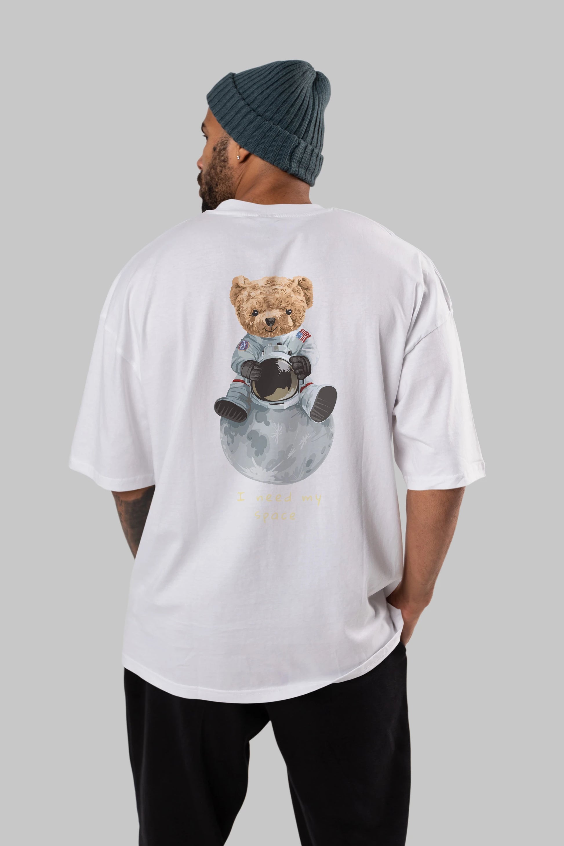 Teddy Bear I Need My Space Arka Baskılı Oversize t-shirt Erkek Kadın Unisex %100 Pamuk