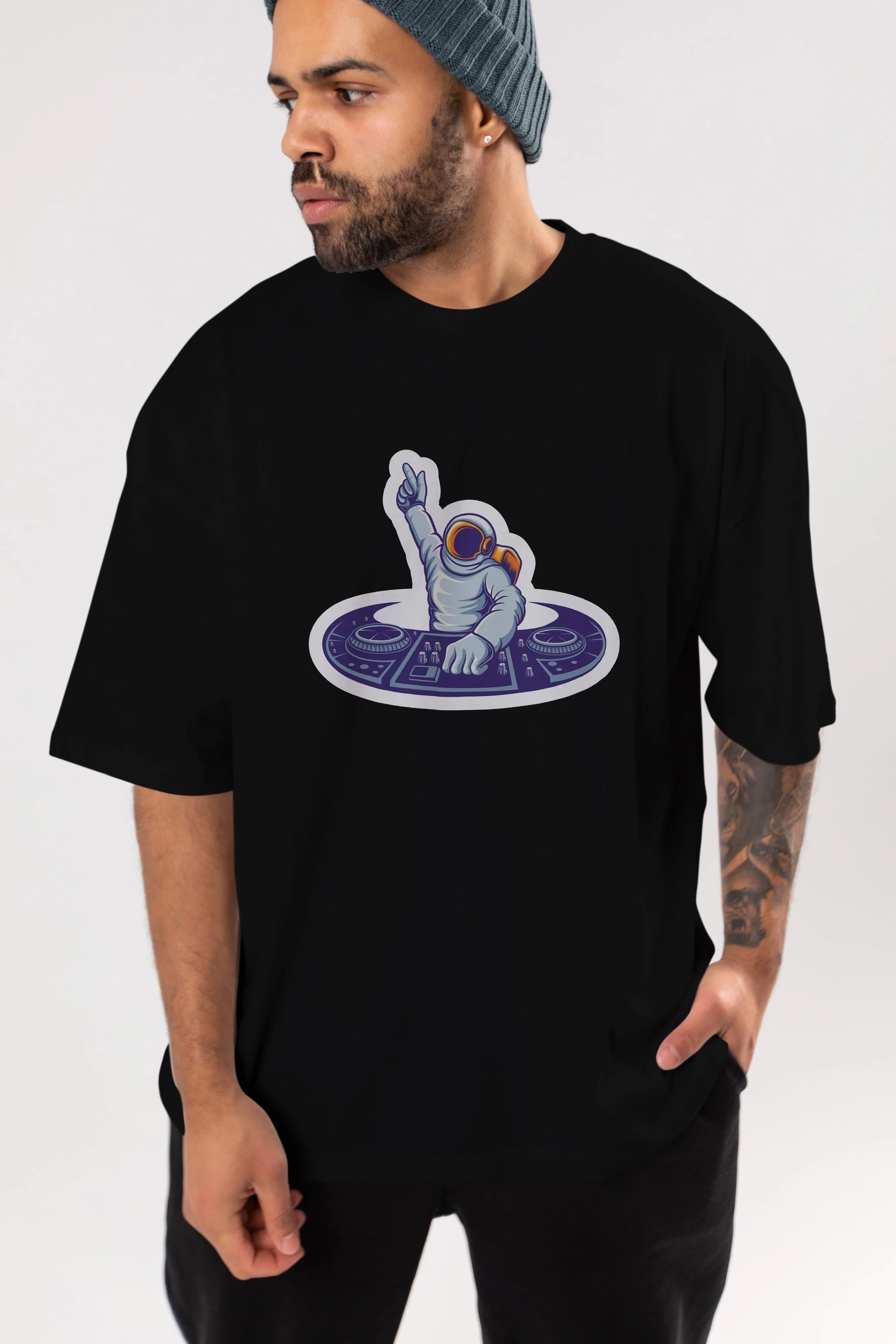 Astronaut Disk Jockey Party Sticker Ön Baskılı Oversize t-shirt Erkek Kadın Unisex