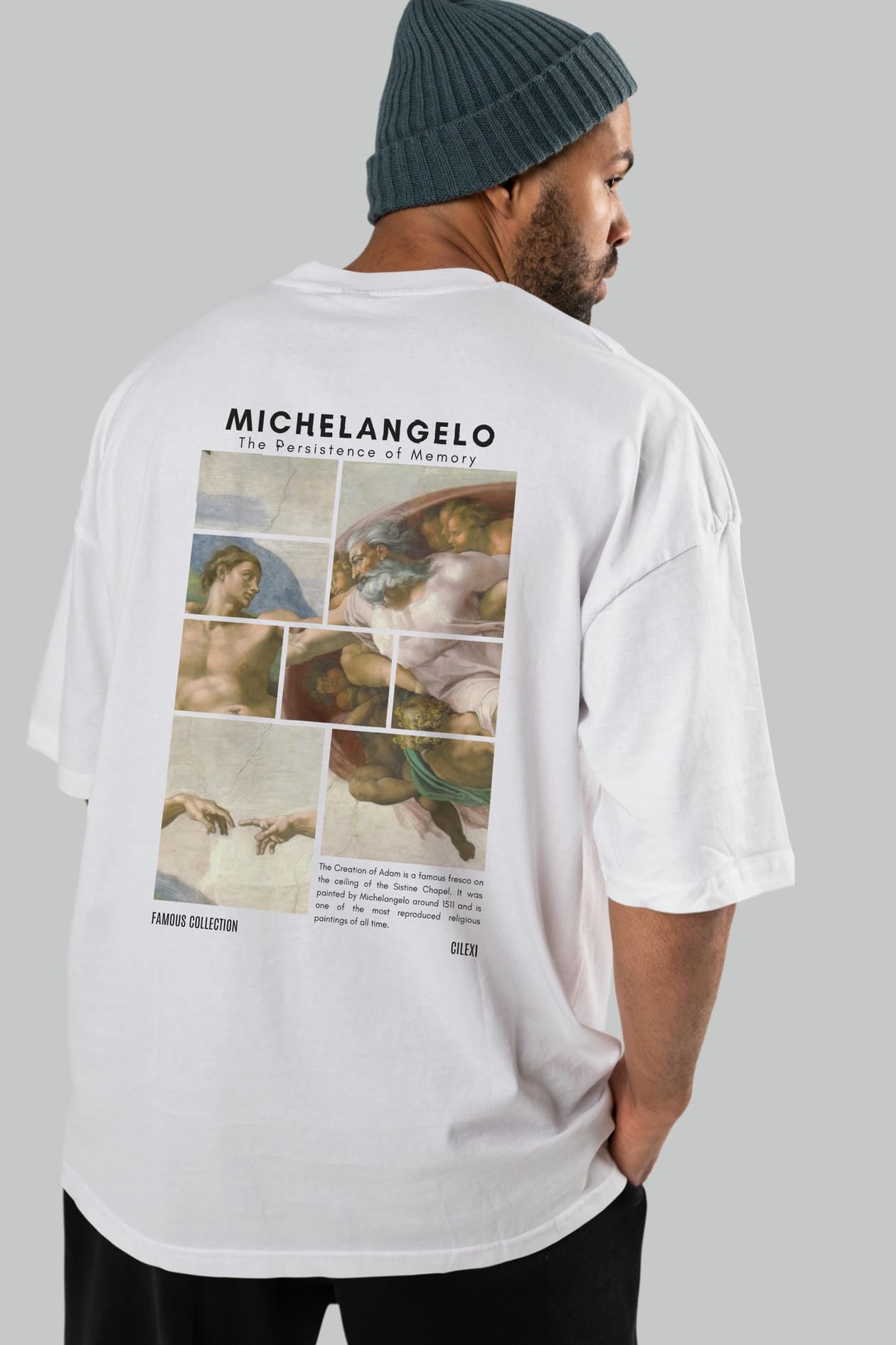 Michelangelo Arka Baskılı Oversize t-shirt Erkek Kadın Bisiklet Yaka Pamuk tişort