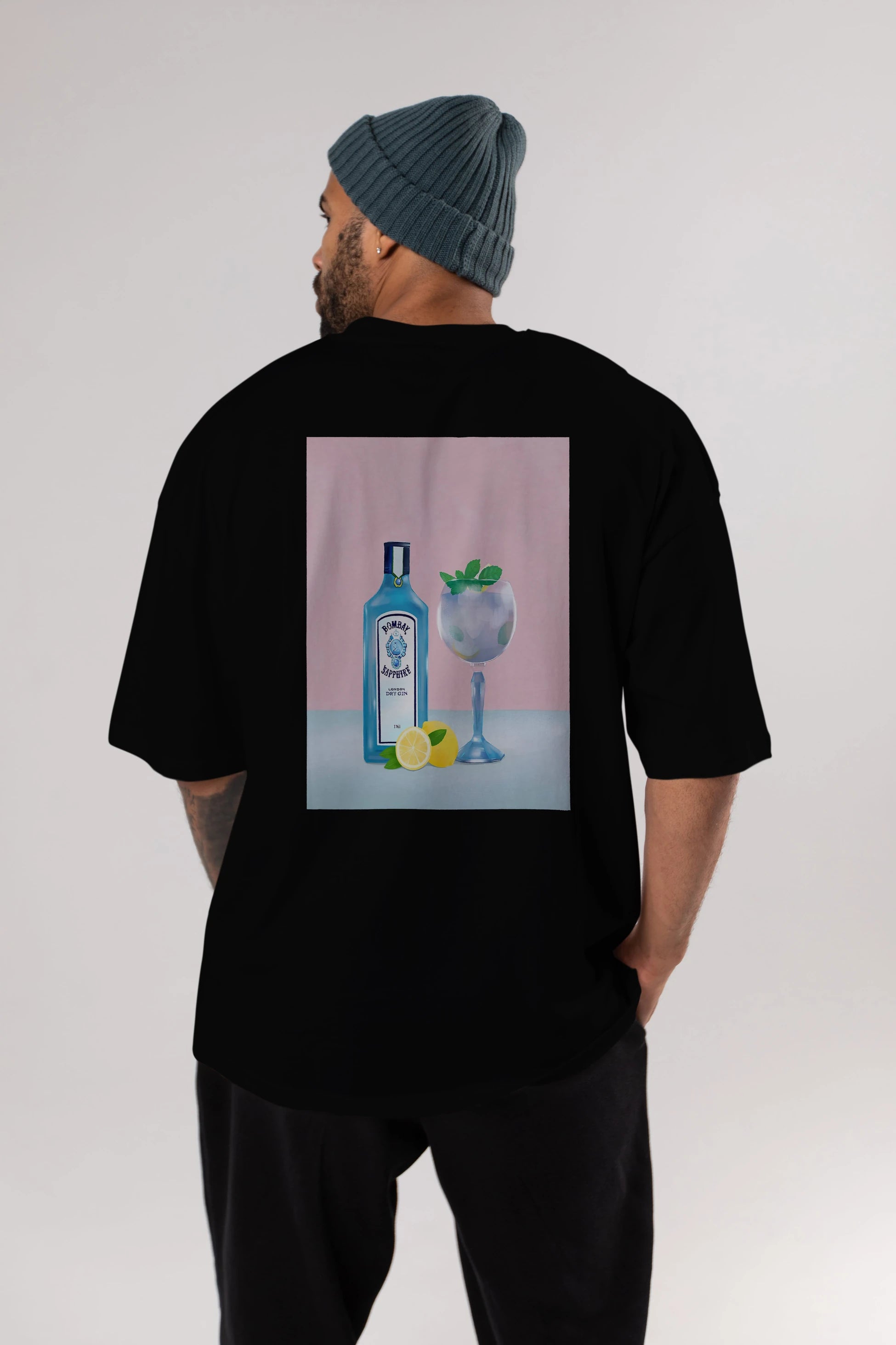 Bombay Sapphire Dry Gin Arka Baskılı Oversize t-shirt Erkek Kadın Unisex %100 Pamuk Bisiklet Yaka tişort