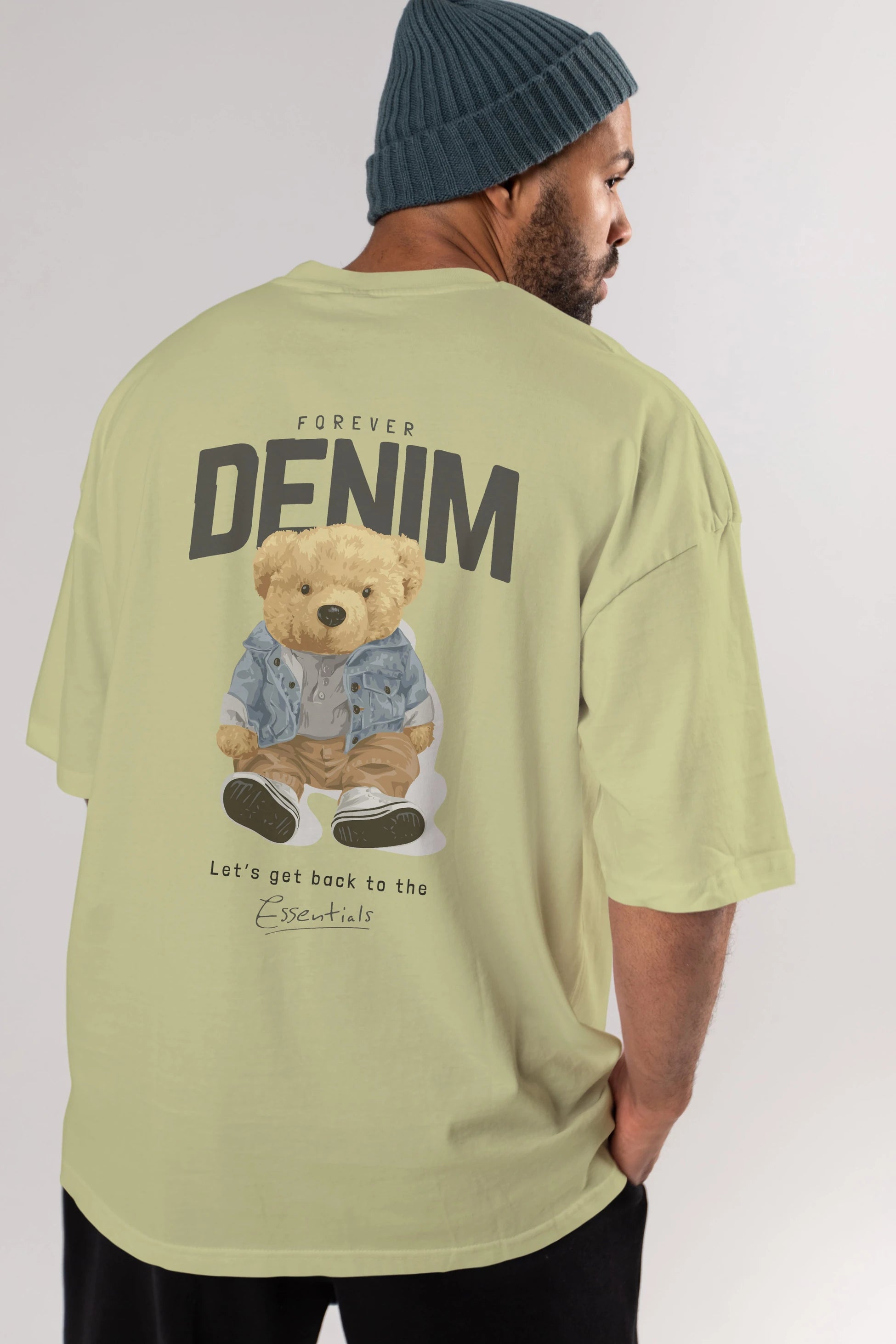 Teddy Bear Forever Denim Arka Baskılı Oversize t-shirt Erkek Kadın Unisex %100 Pamuk